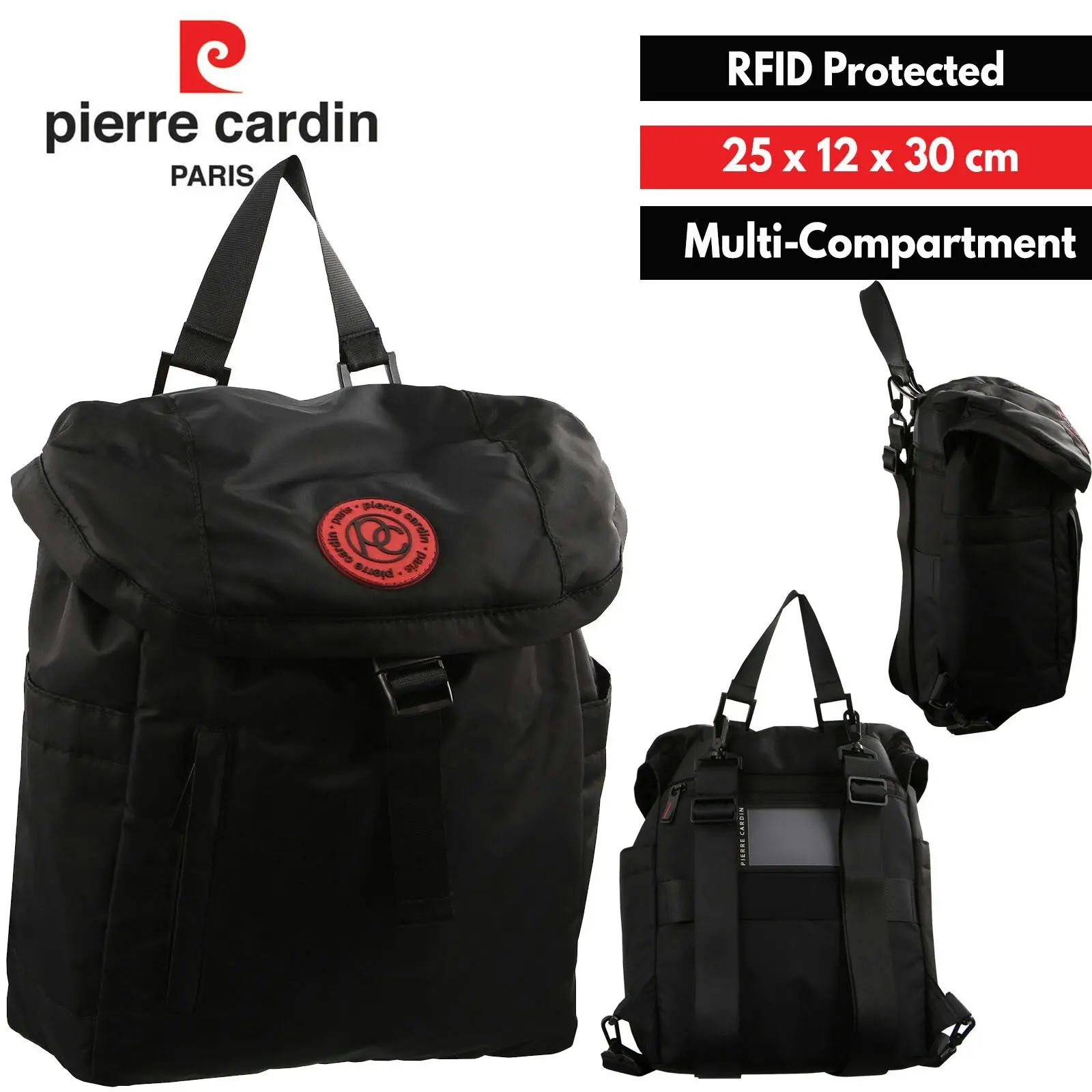 Pierre Cardin Nylon RFID Protected Tote Backpack Computer Bag - Black