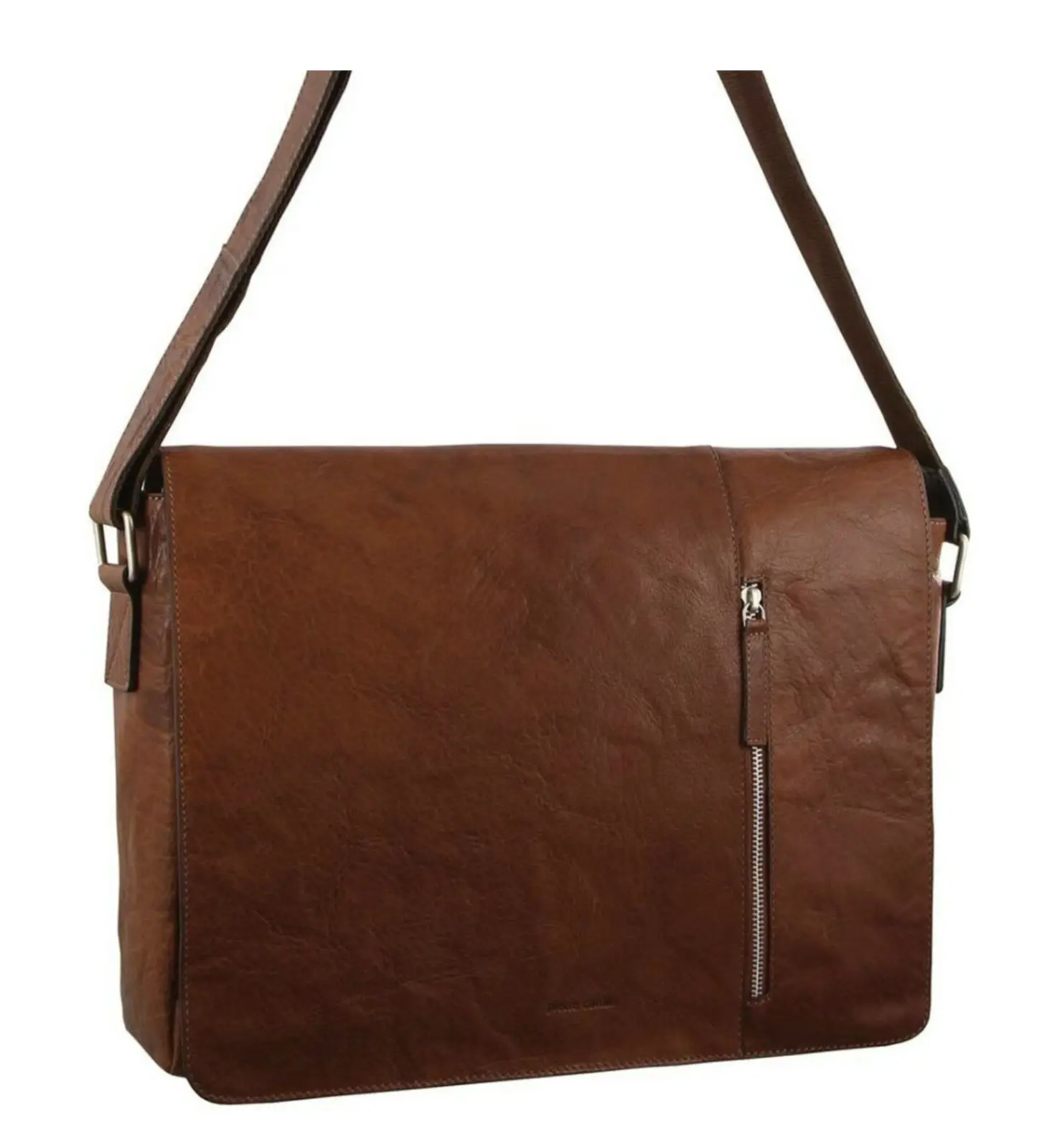 Pierre Cardin Rustic Leather Bag Computer Messenger Business Travel - Brown