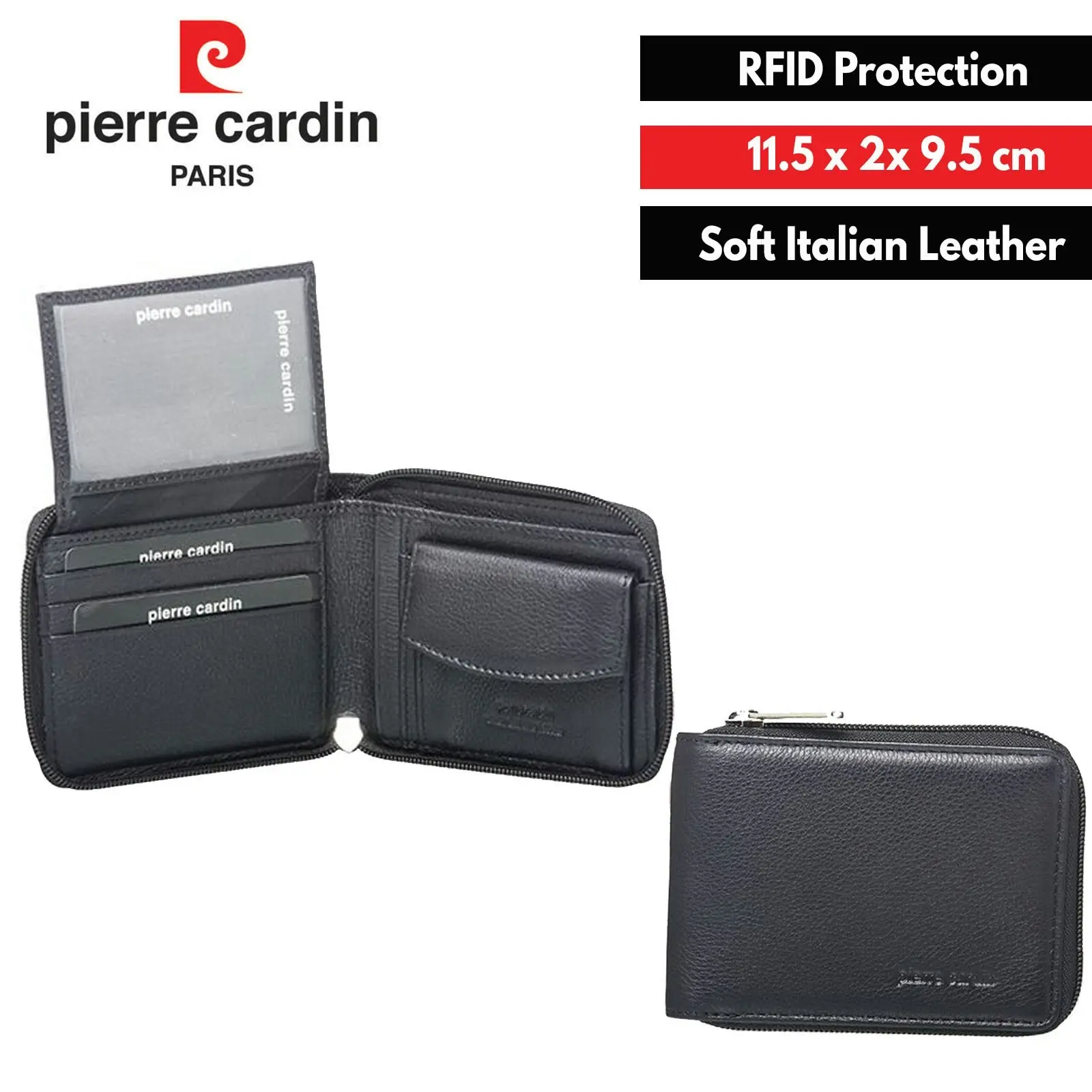 Pierre Cardin Mens Genuine Leather Zip Around Wallet w/ RFID Guard - Black