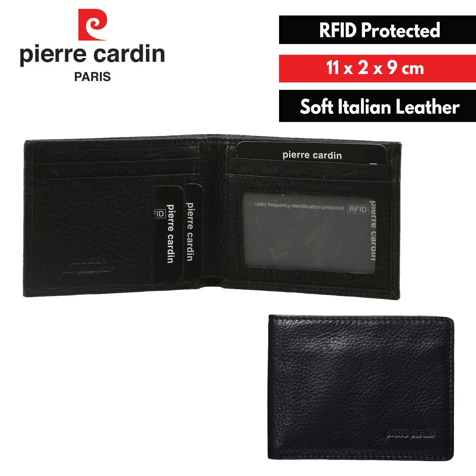 Pierre Cardin Mens Genuine Italian Soft RFID Bifold Slim Wallet - Black