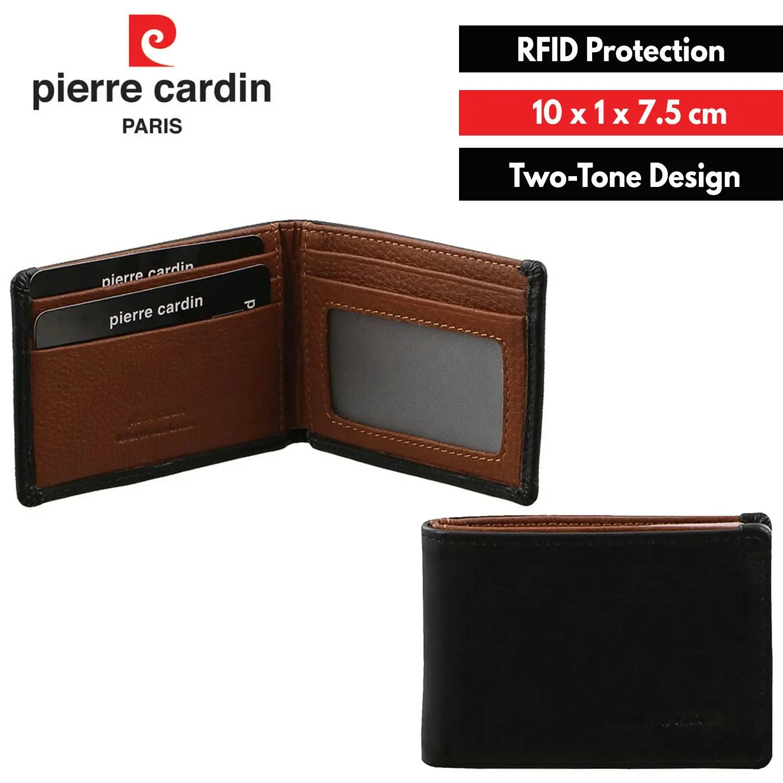 Pierre Cardin Mens Leather RFID Italian Two-Tone Wallet - Black Cognac