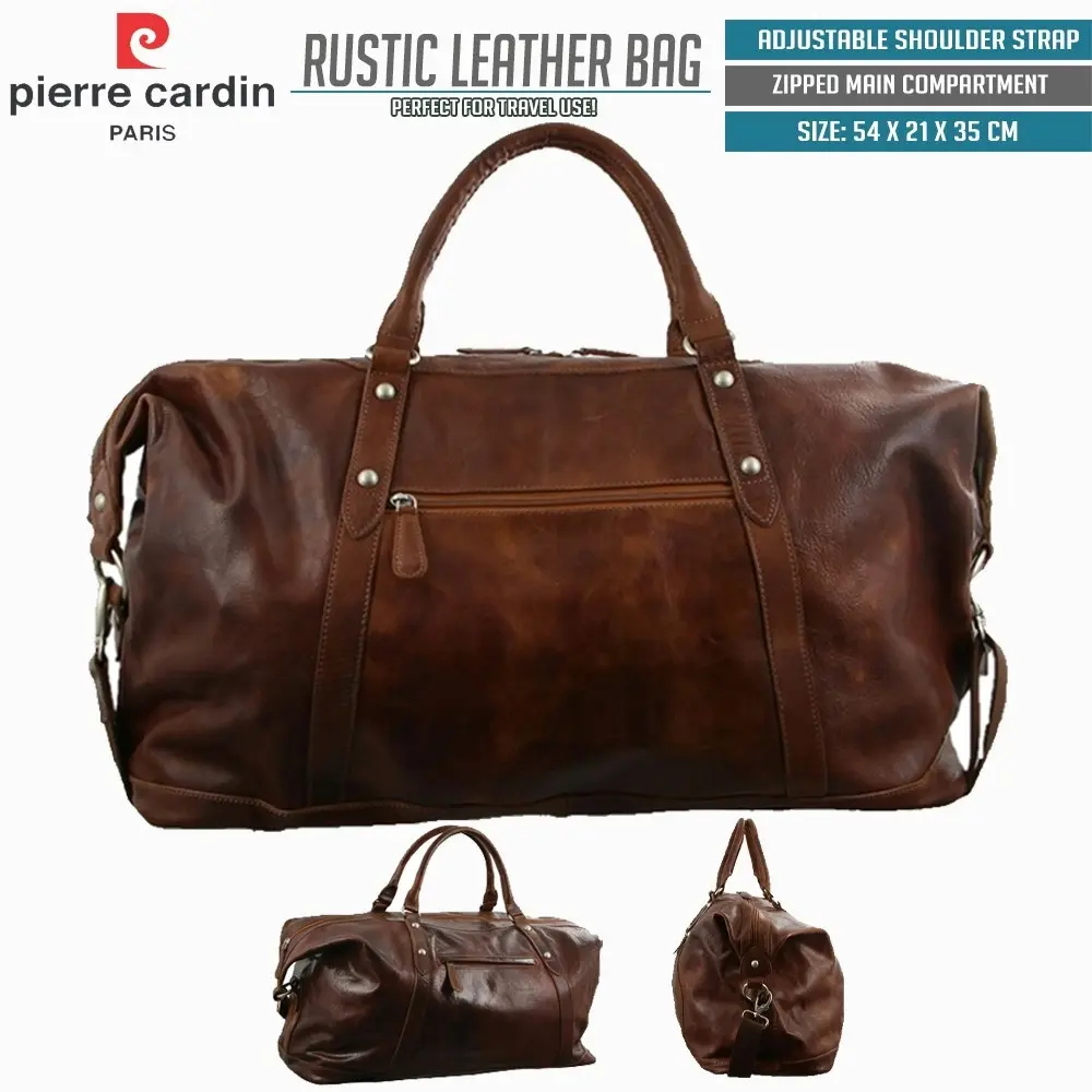 Pierre Cardin Rustic Leather Travel Business Trip Bag Overnight - Cognac