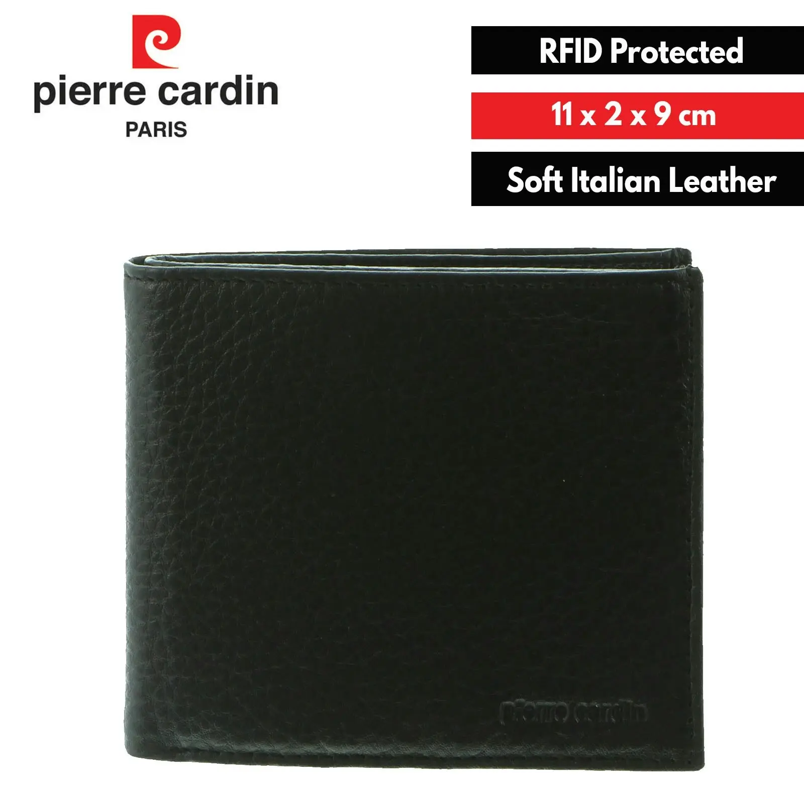 Pierre Cardin Mens Tri Fold Leather Wallet w/ RFID Protection - Black