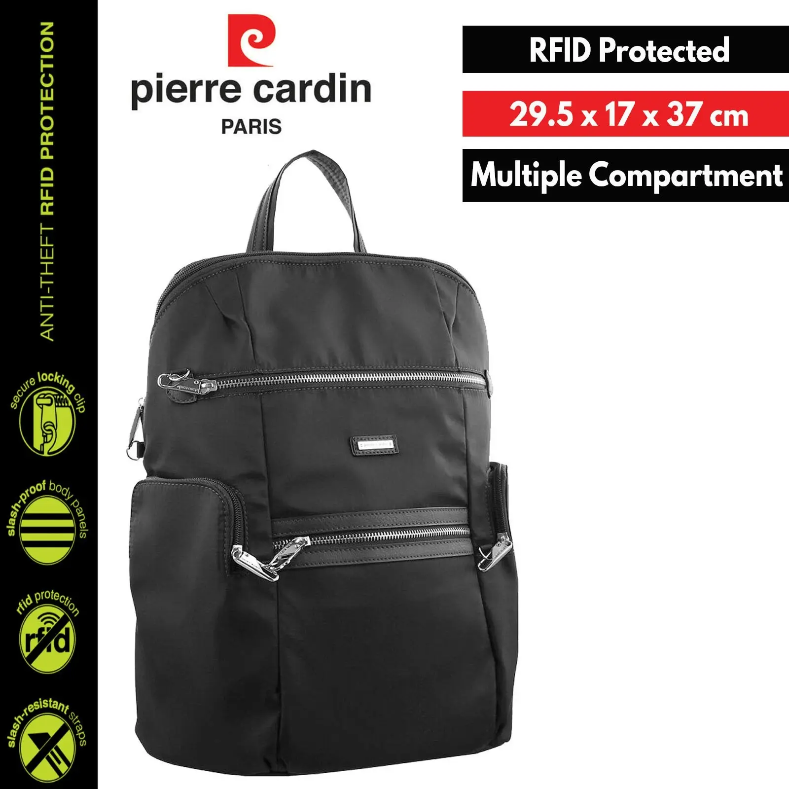 Pierre Cardin Nylon RFID Anti Theft Slash Proof Travel Backpack Bag - Black