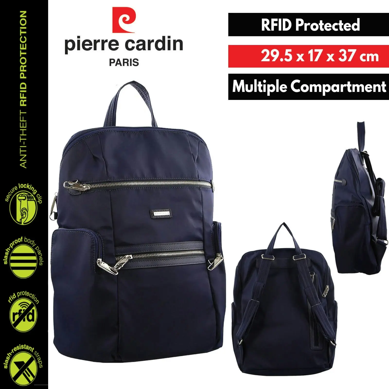 Pierre Cardin Nylon RFID Anti Theft Slash Proof Backpack Bag - Navy