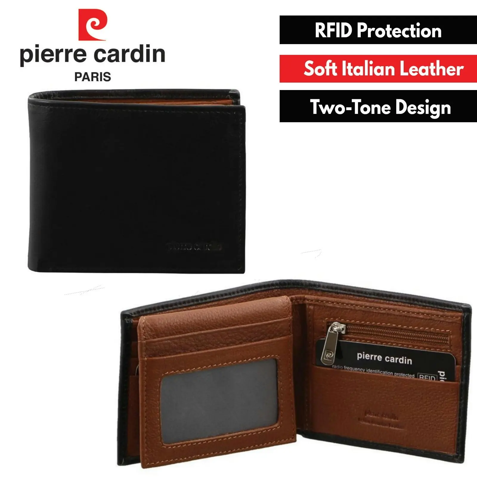 Pierre Cardin Italian Leather Mens Two Tone Bi-Fold Wallet - Black/Cognac