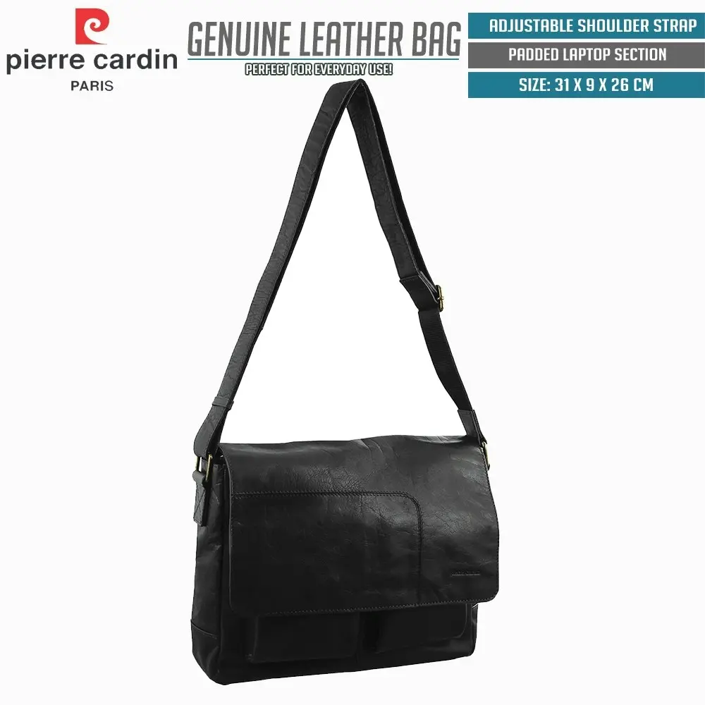 Pierre Cardin Genuine Leather Computer Messenger Sling Bag Travel Business - Black