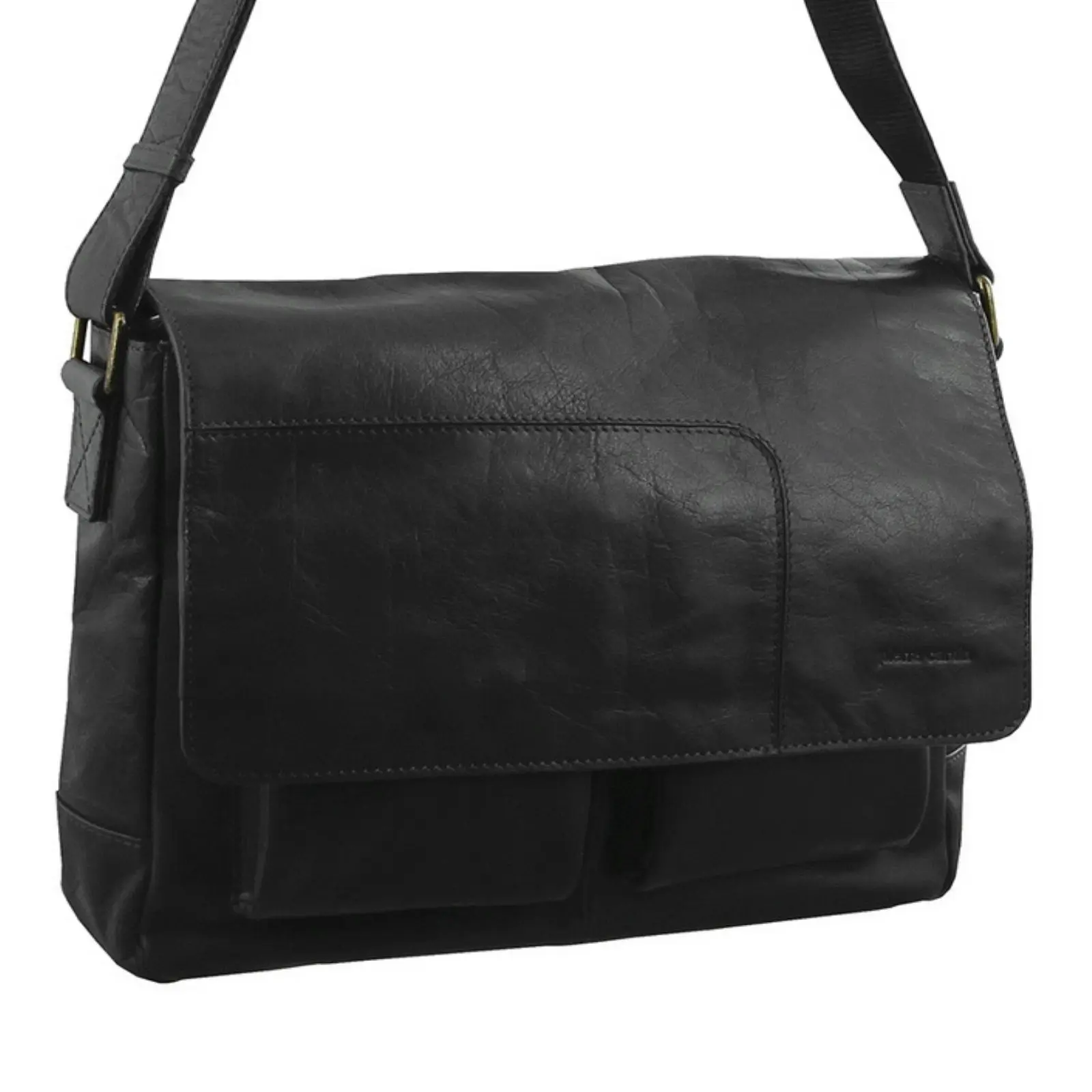 Pierre Cardin Genuine Leather Computer Messenger Sling Bag Travel Business - Black