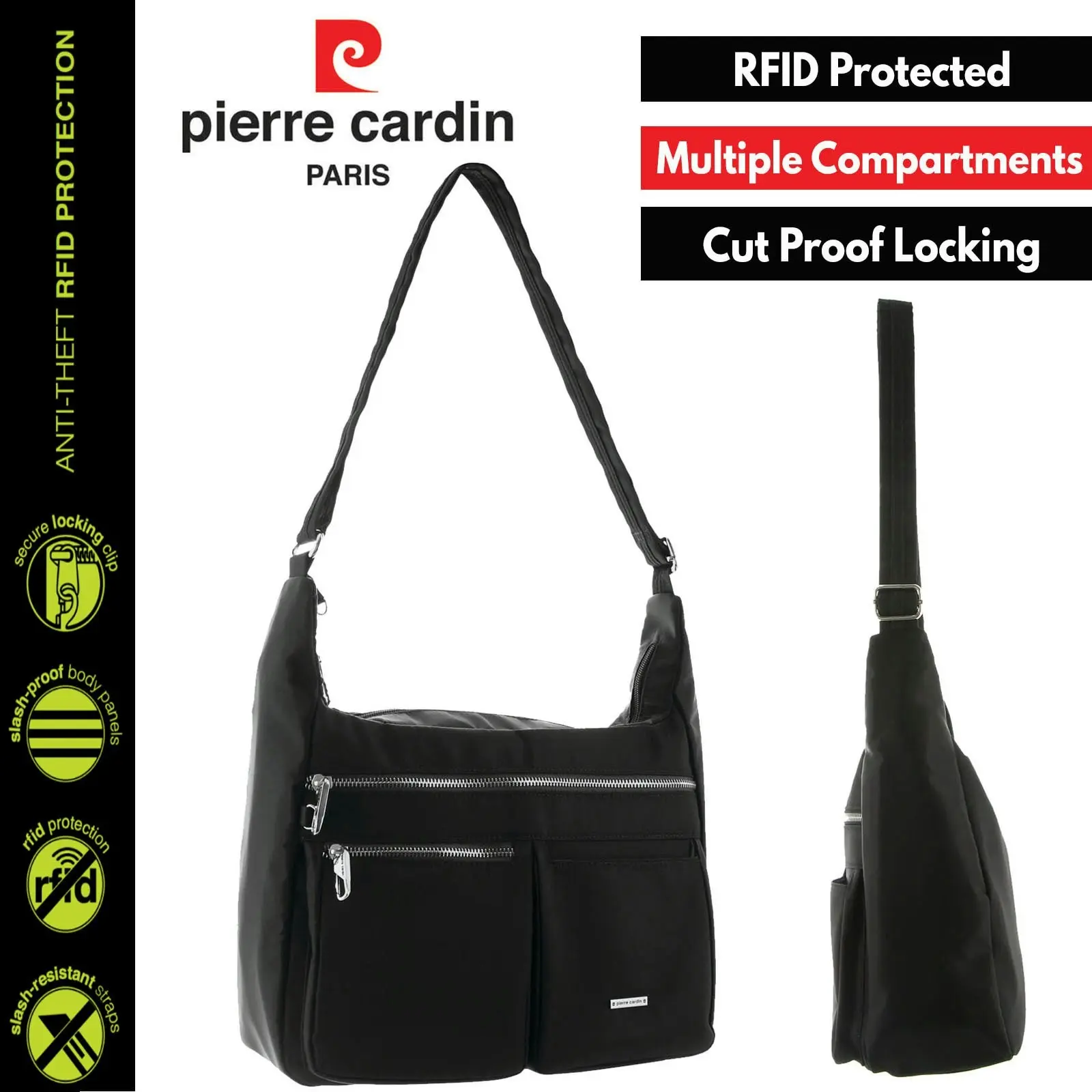 Pierre Cardin Anti-Theft Cross Body Bag RFID Slash Proof Travel - Black