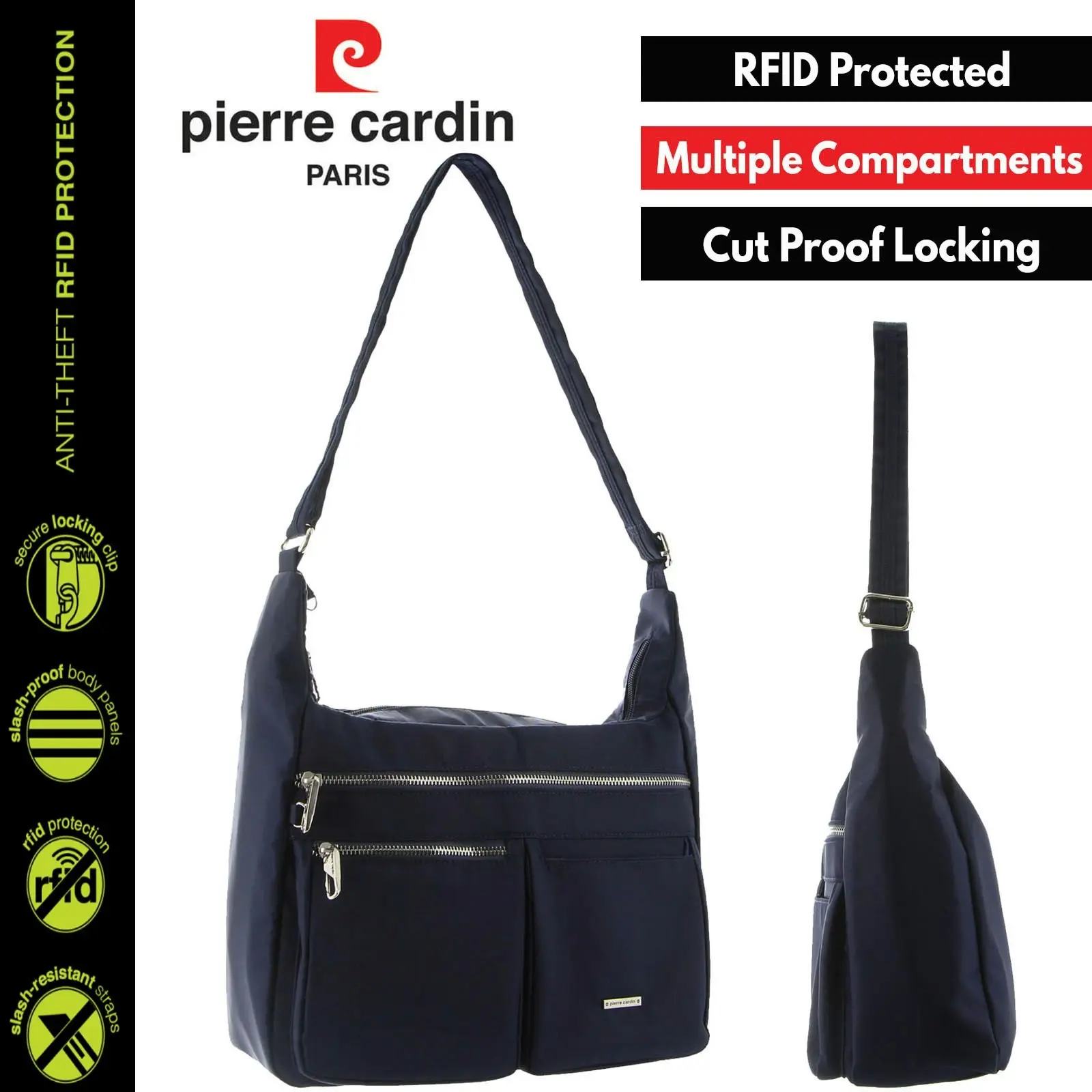 Pierre Cardin Anti-Theft Cross Body Bag RFID Slash Proof Travel - Navy