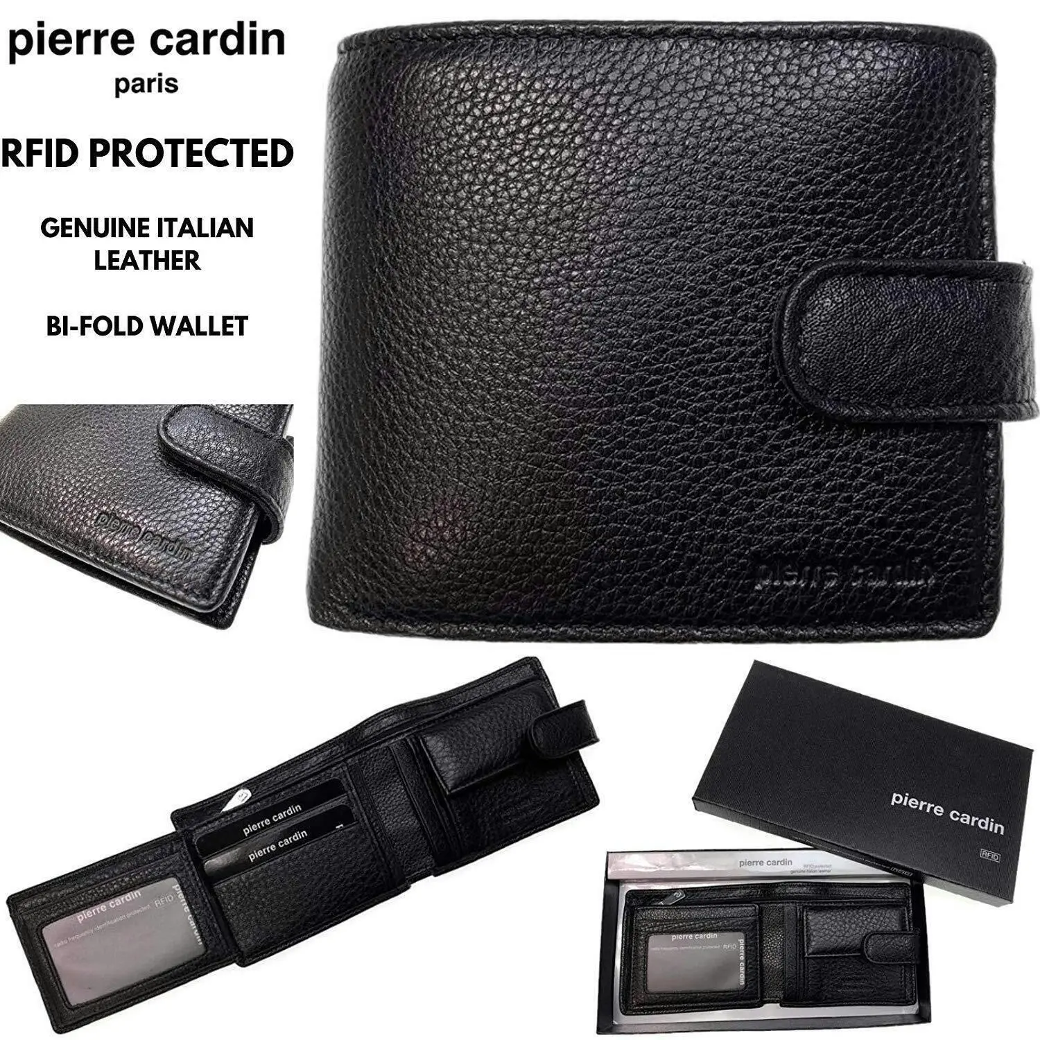 Pierre Cardin RFID Mens Wallet Bi-Fold Genuine Italian Leather w GIFT BOX  - Black