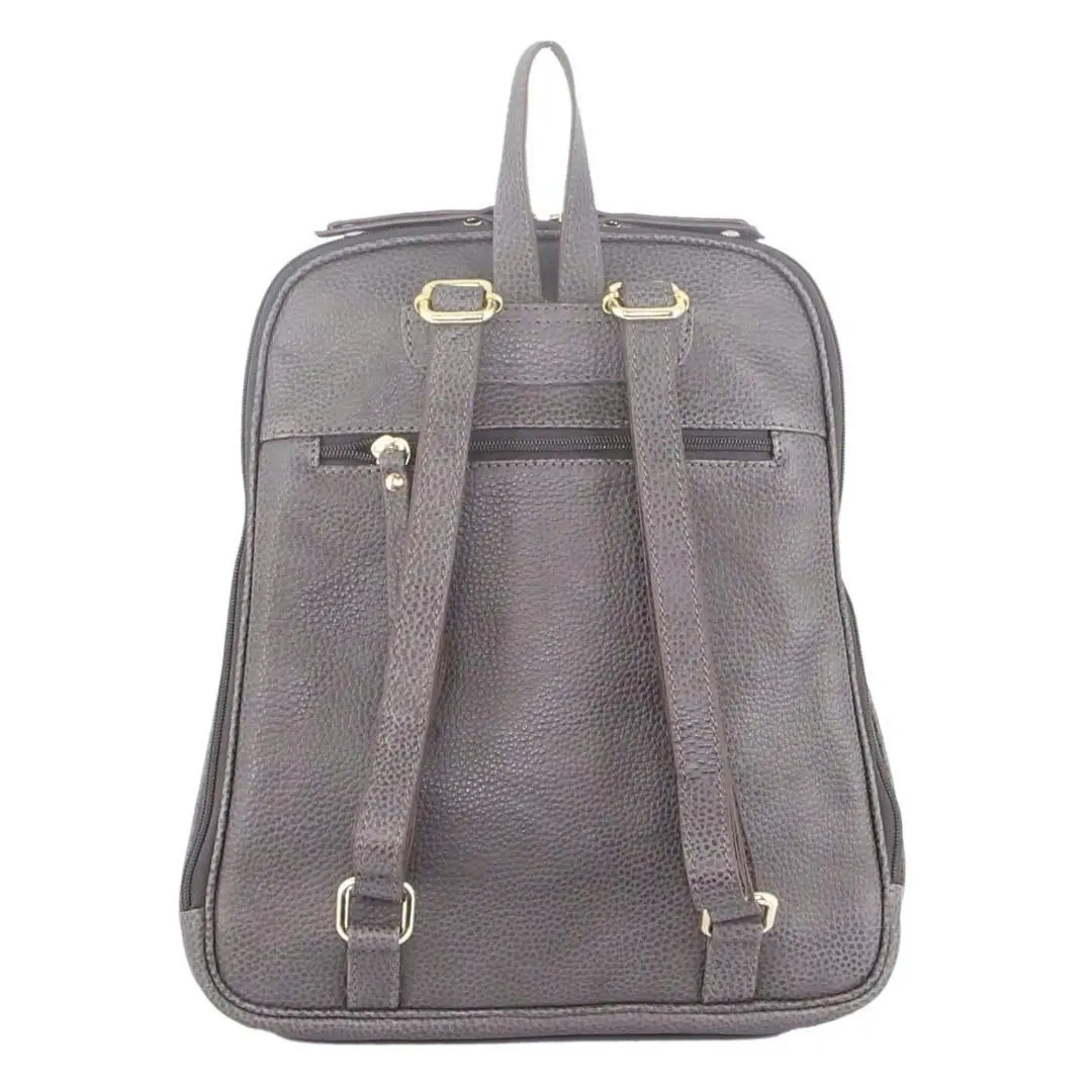 Pierre Cardin Womens Leather Backpack Bag with Pocket Front Multi-Zip - Slate