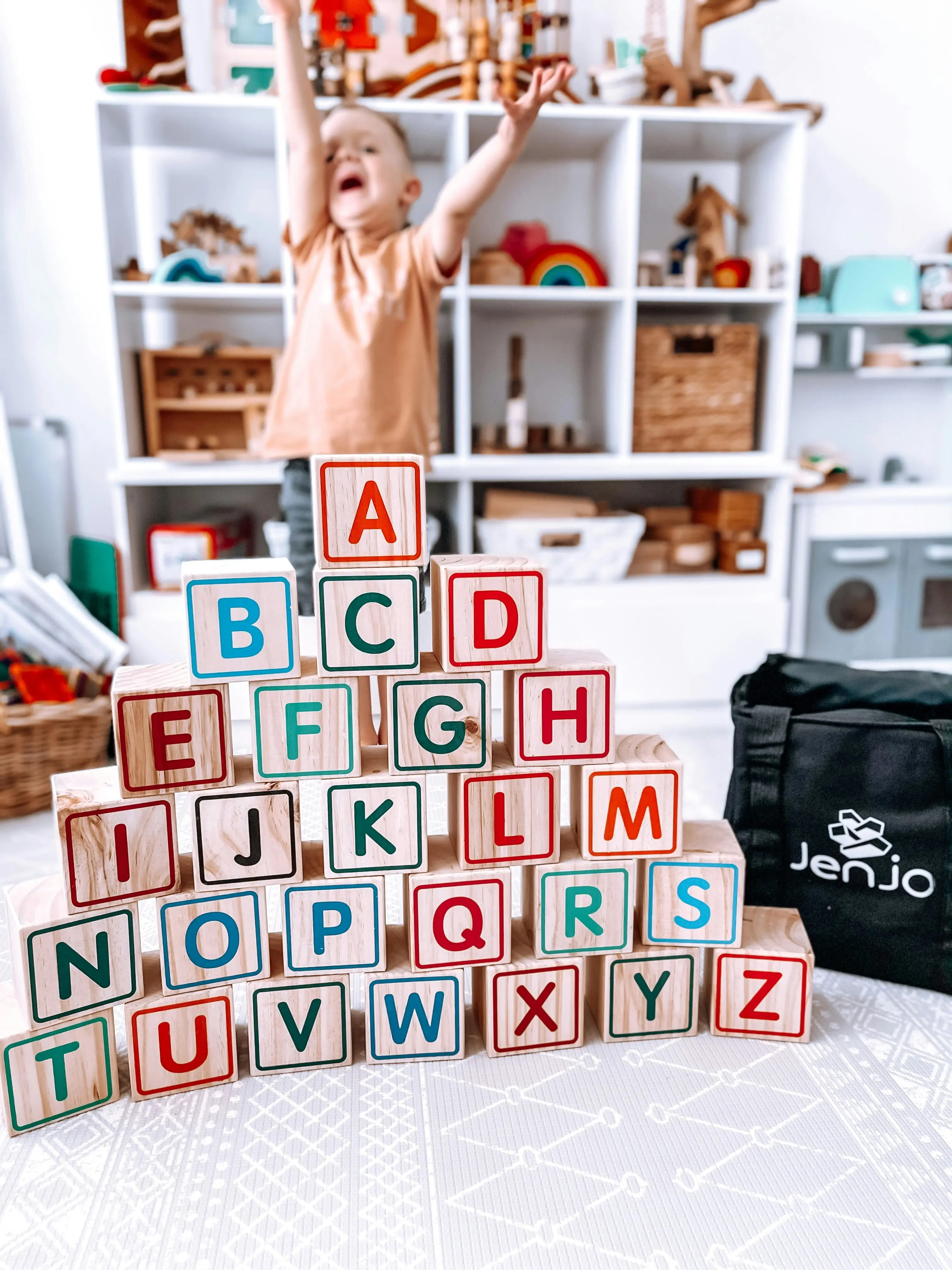 ABC Building Blocks With Animals & Symbols 9cm Diameter with Drawstring Bag