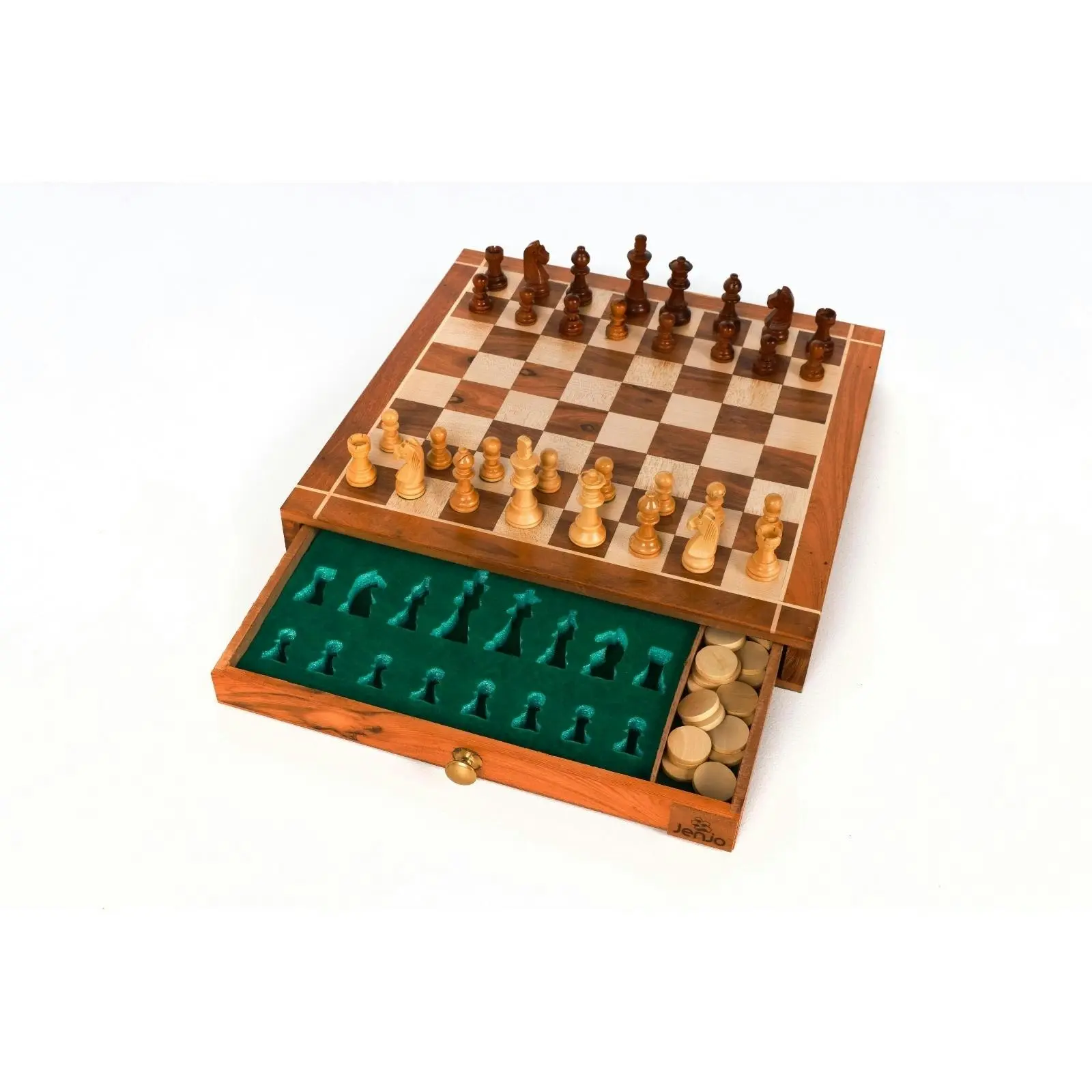 Portable Carved Sheesham Chess and Checker Board Set