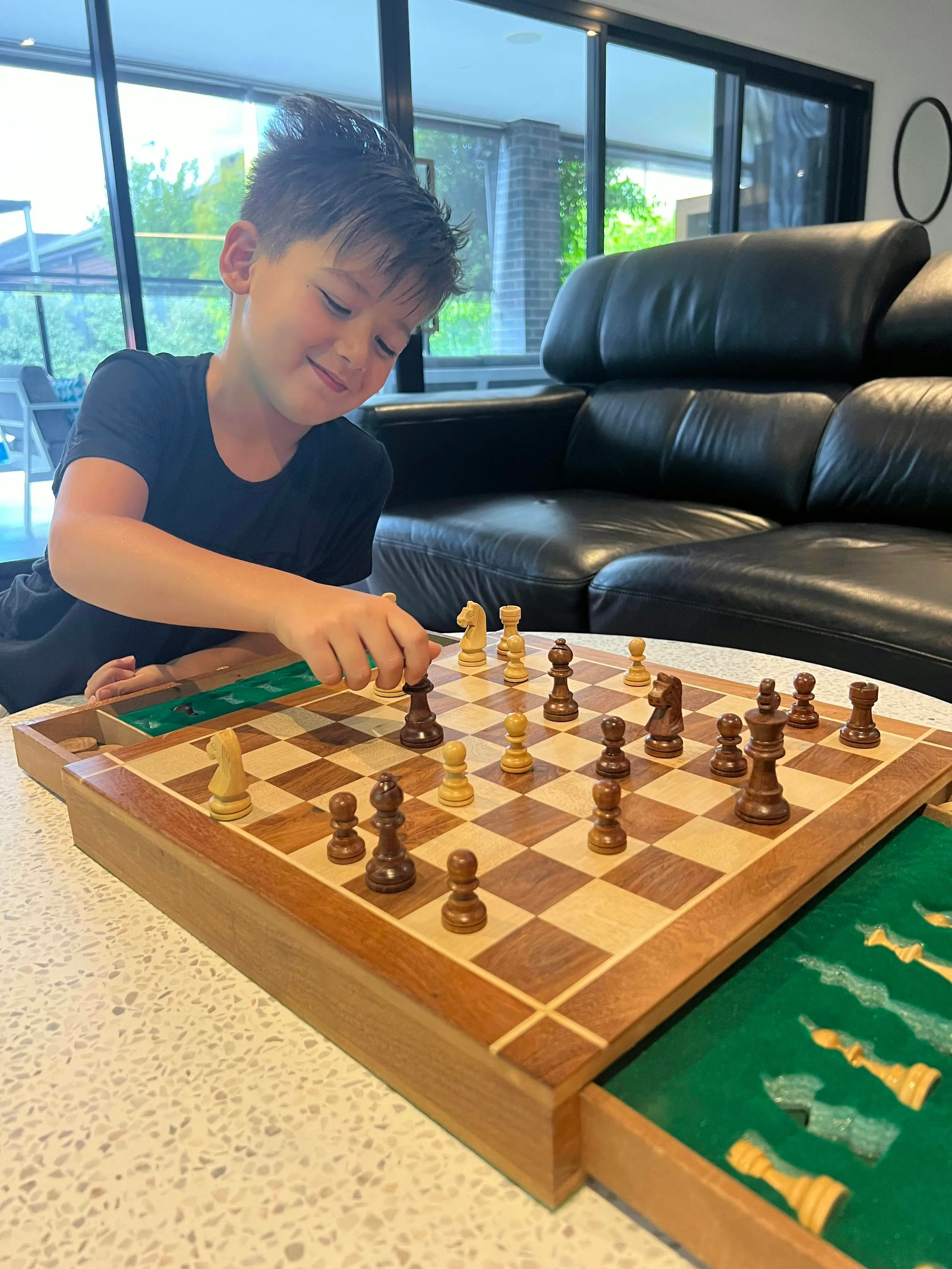 Portable Carved Sheesham Chess and Checker Board Set