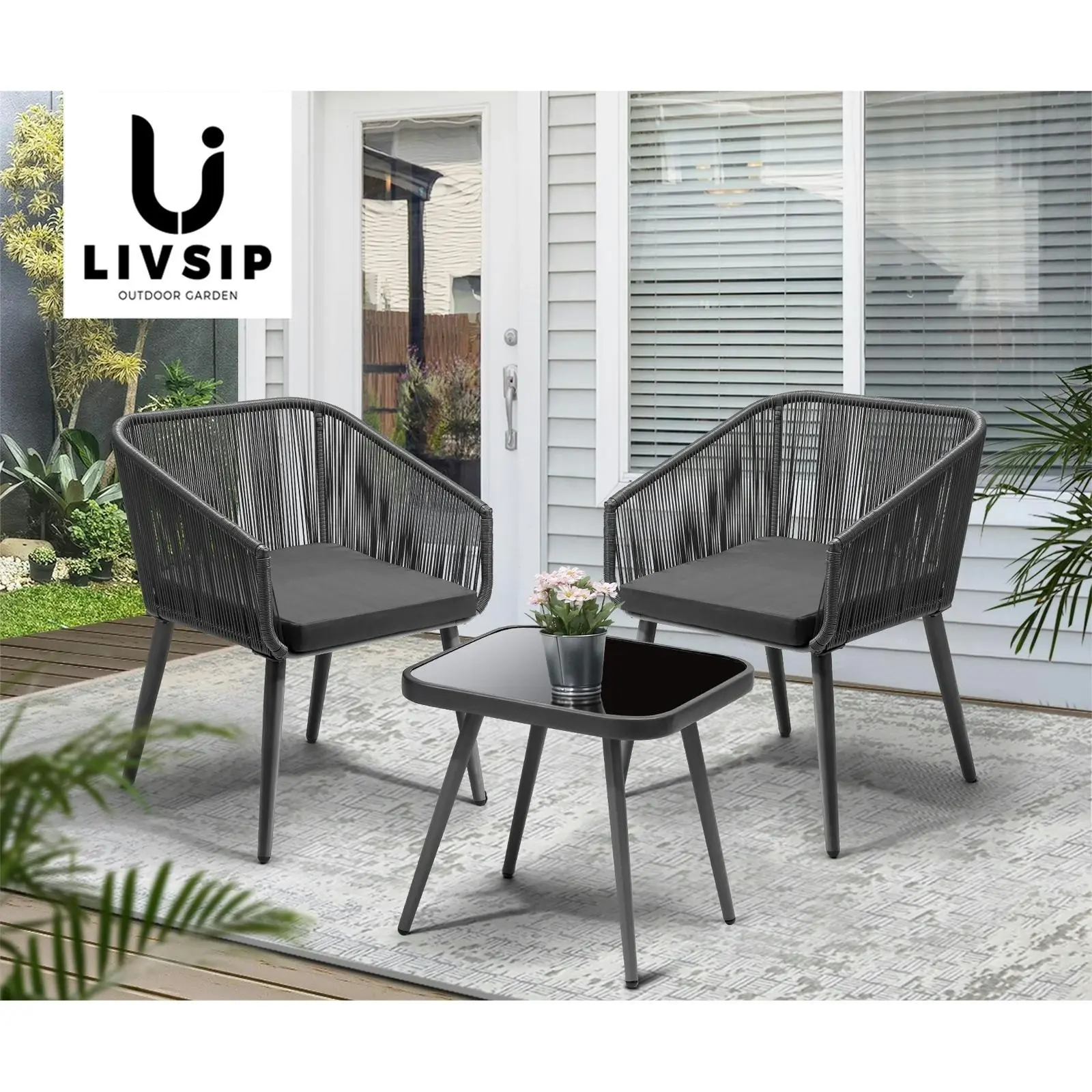 Livsip Outdoor Furniture 3 Piece Lounge Setting Chairs Side Table Bistro Set Patio