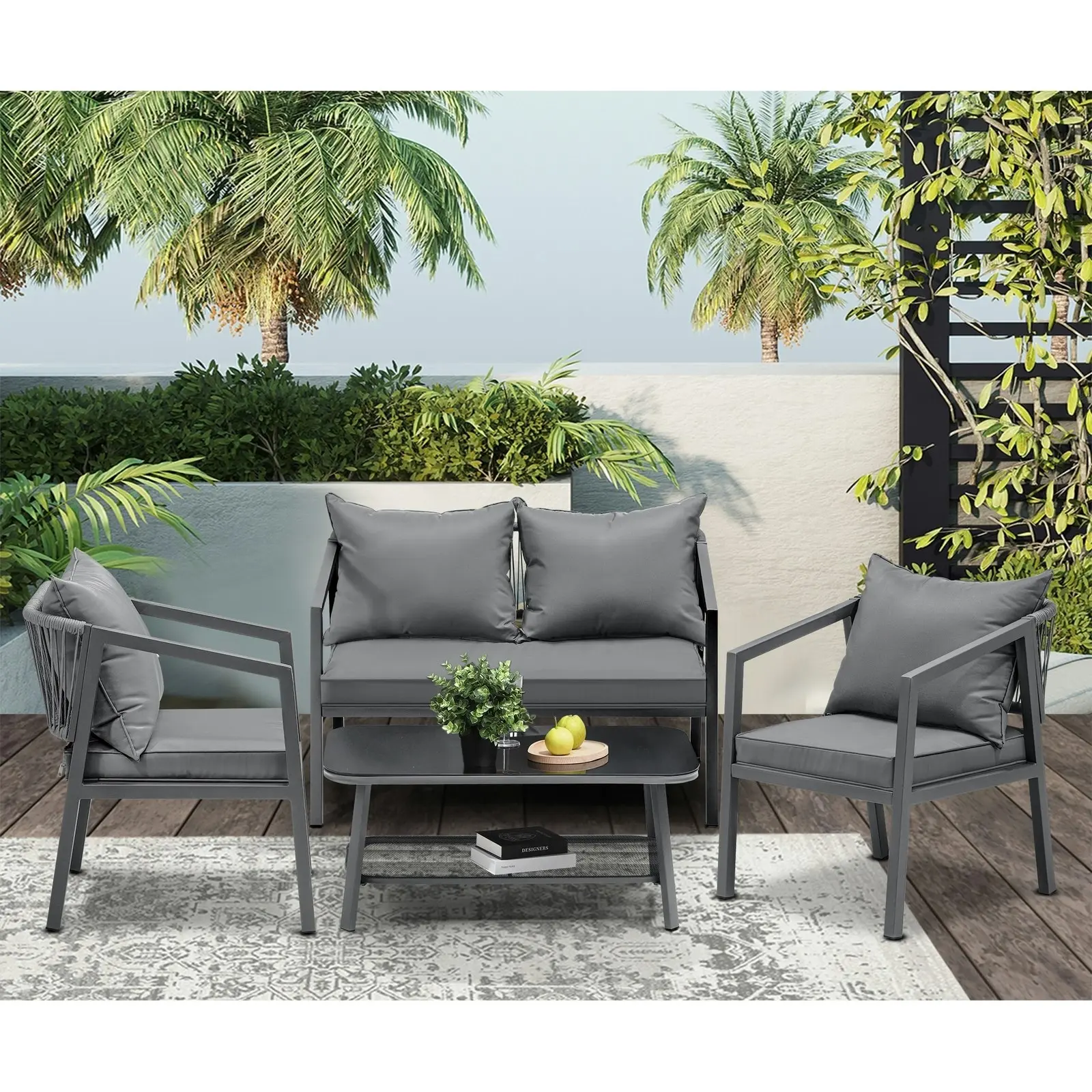 Livsip 4PCS Garden Outdoor Furniture Setting Lounge Patio Sofa Table Chairs Set