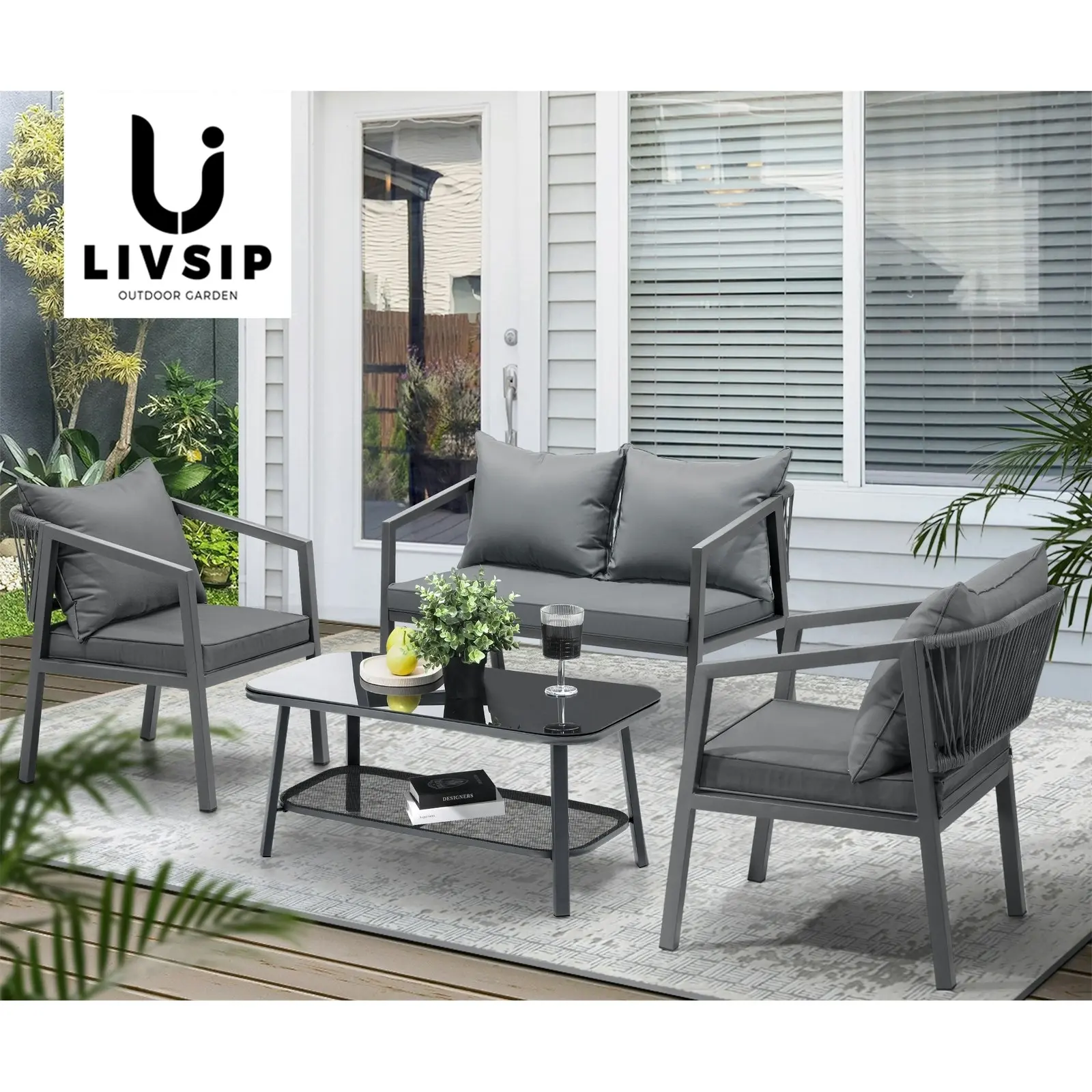 Livsip 4PCS Garden Outdoor Furniture Setting Lounge Patio Sofa Table Chairs Set