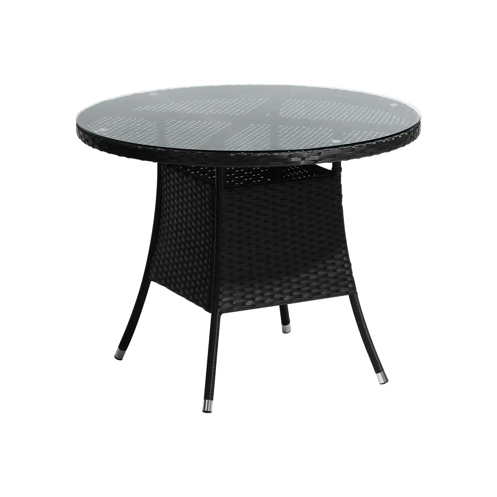 Livsip Outdoor Dining Table 90CM Round Rattan Glass Table Patio Furniture Black