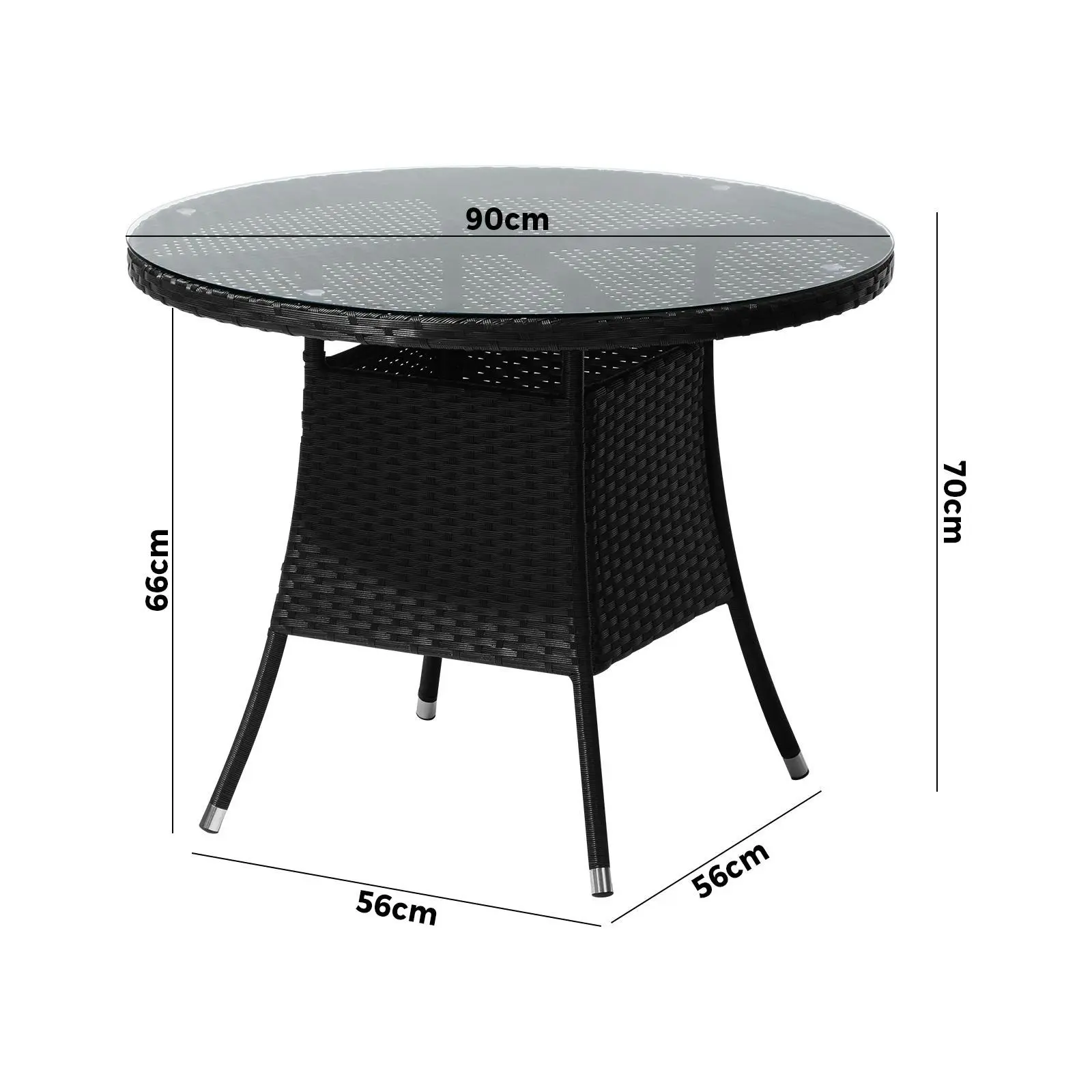 Livsip Outdoor Dining Table 90CM Round Rattan Glass Table Patio Furniture Black