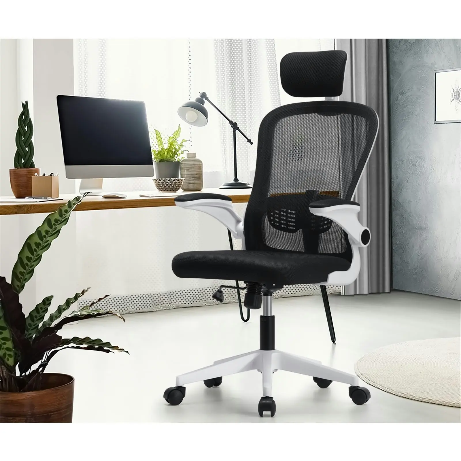 Oikiture Mesh Office Chair Executive Fabric Gaming Seat Racing Computer Black&White