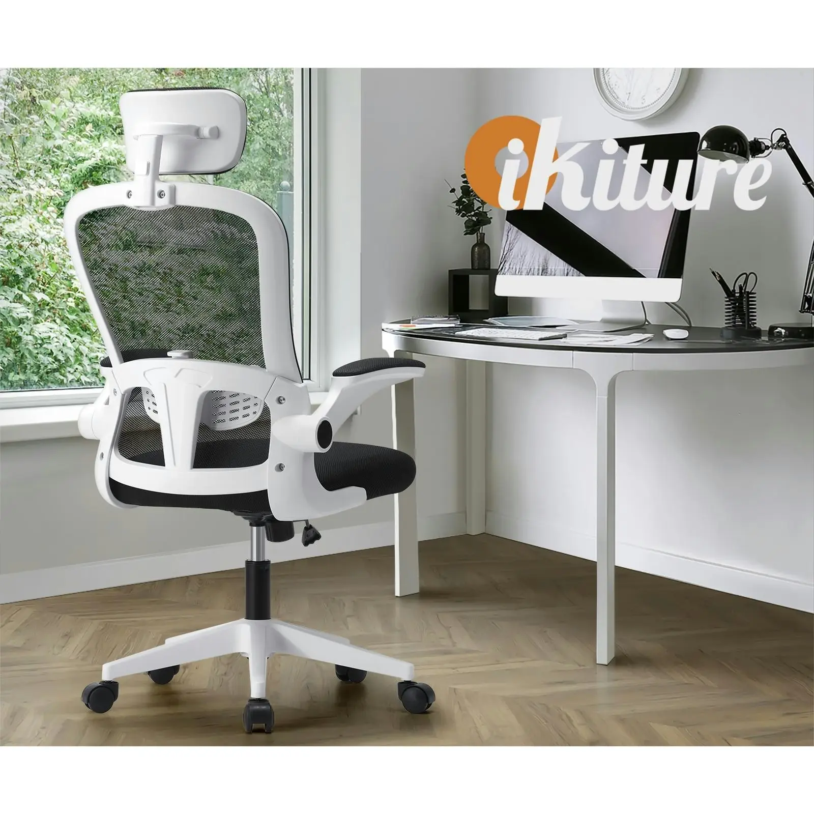 Oikiture Mesh Office Chair Executive Fabric Gaming Seat Racing Computer Black&White