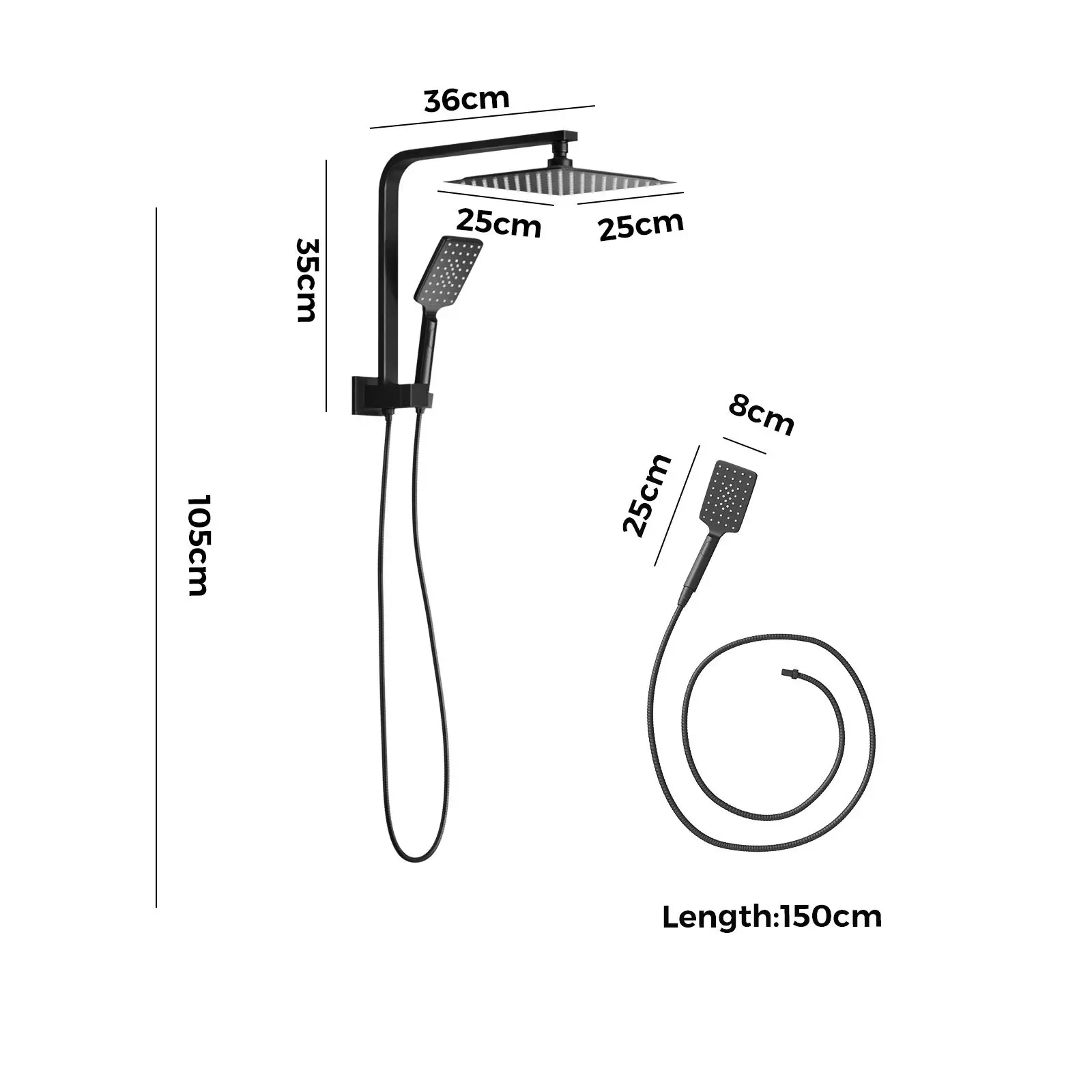 Welba 250mm Rain Shower Head Set Square 3-Mode Handheld Shower Gooseneck Black