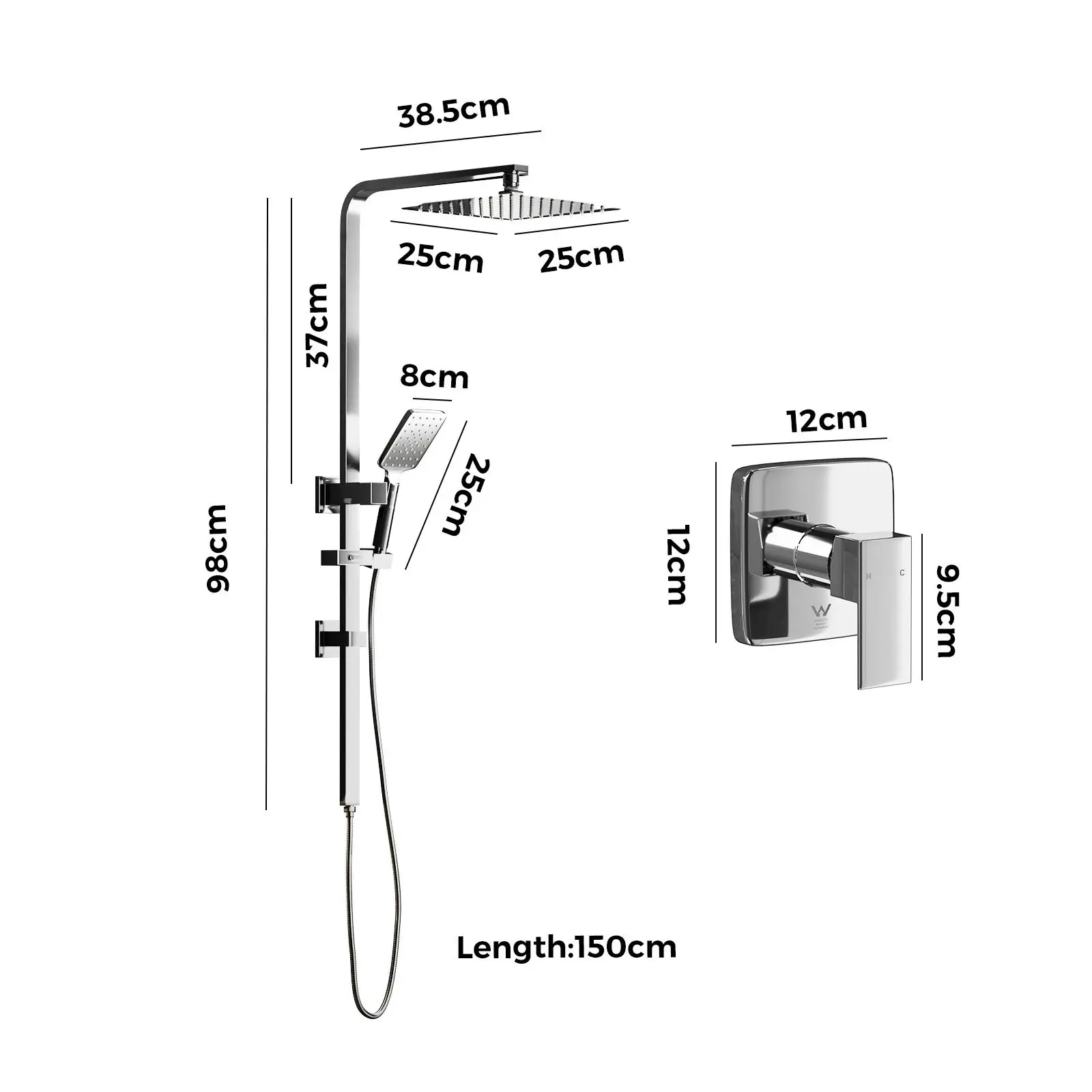 Welba 250mm Rain Shower Head Set Square Handheld With Shower Mixer Tap Chrome