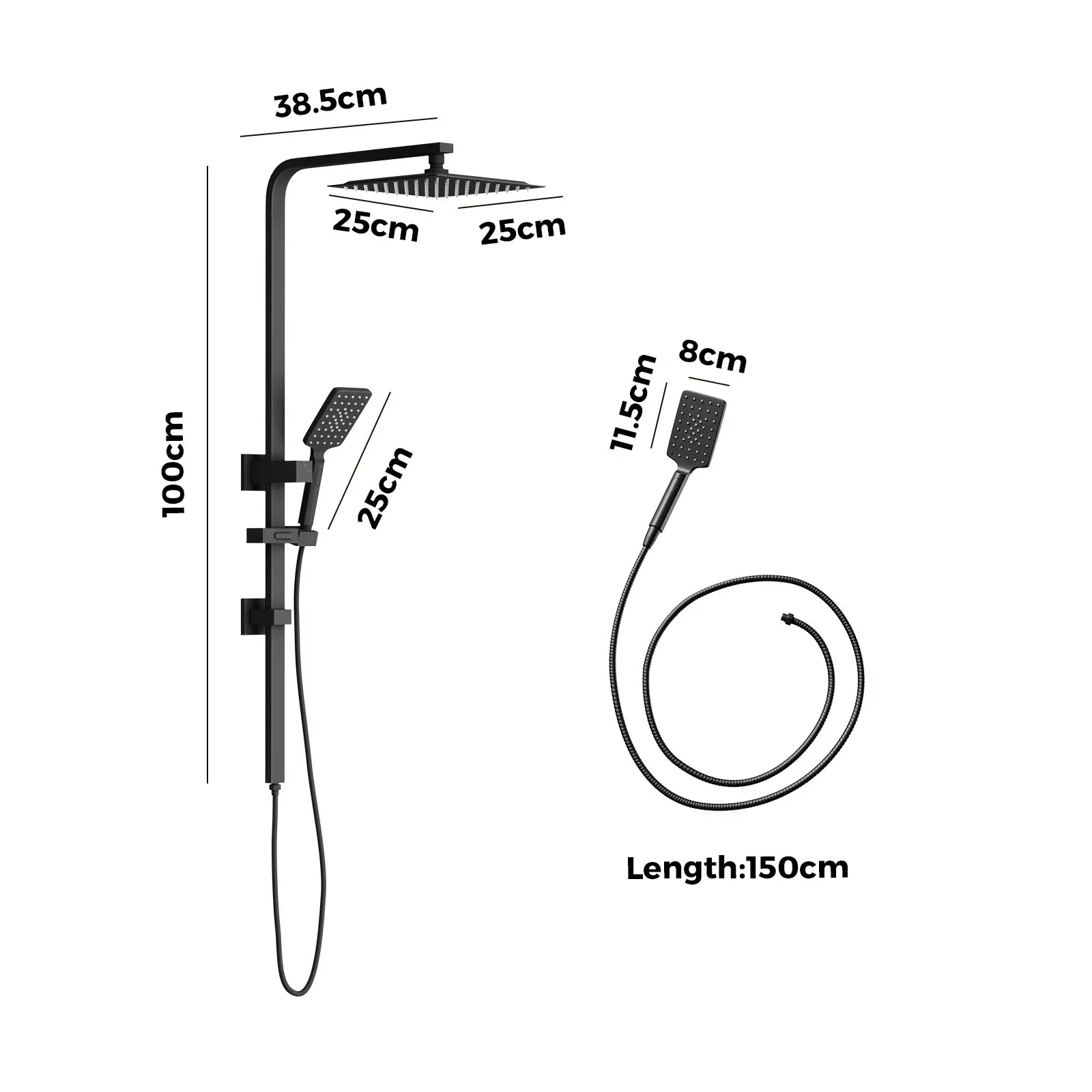 Welba 250mm Rain Shower Head Set Square 3-Mode Handheld Shower Rail Set Black