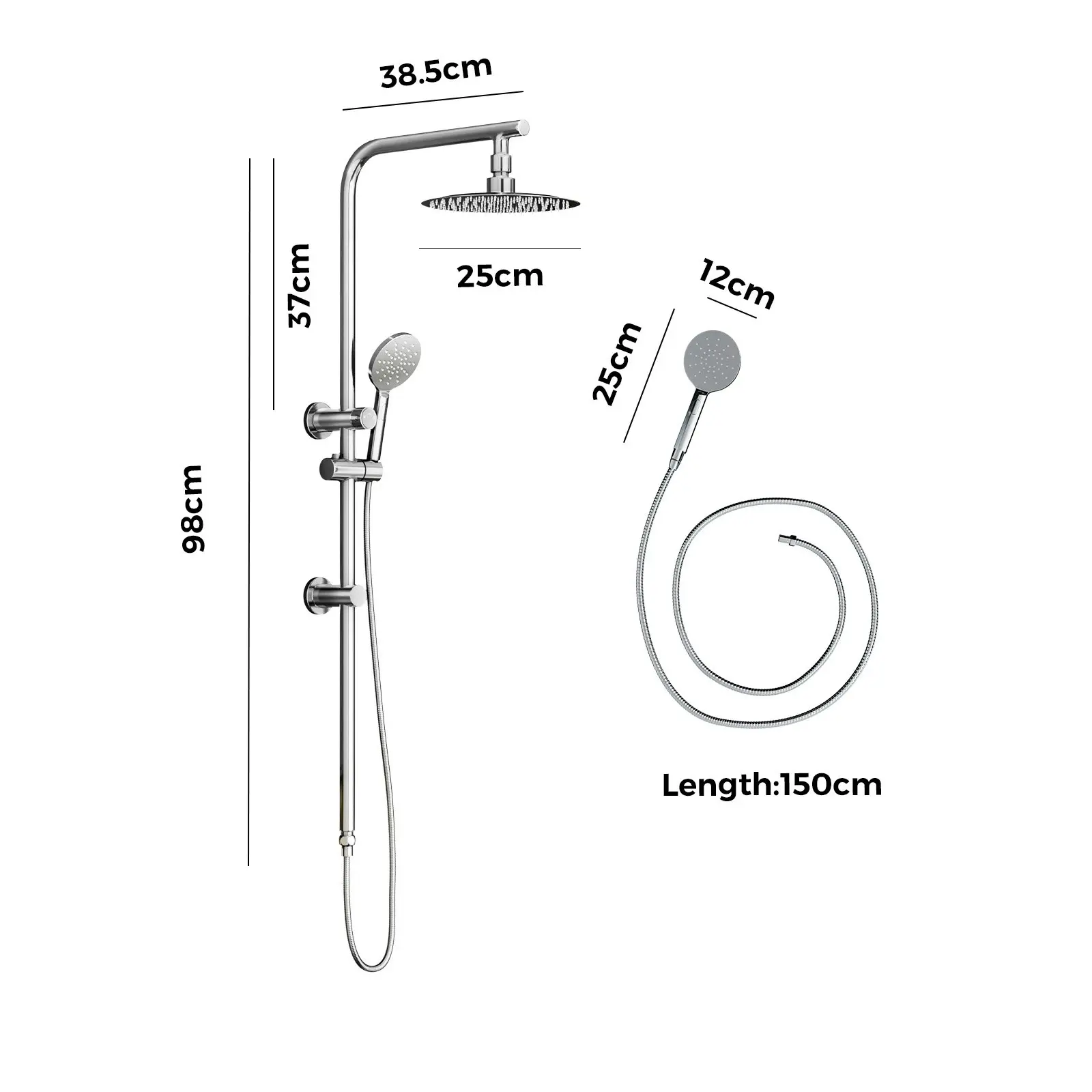 Welba 250mm Rain Shower Head Set Round 3-Mode Handheld Shower Rail Set Chrome