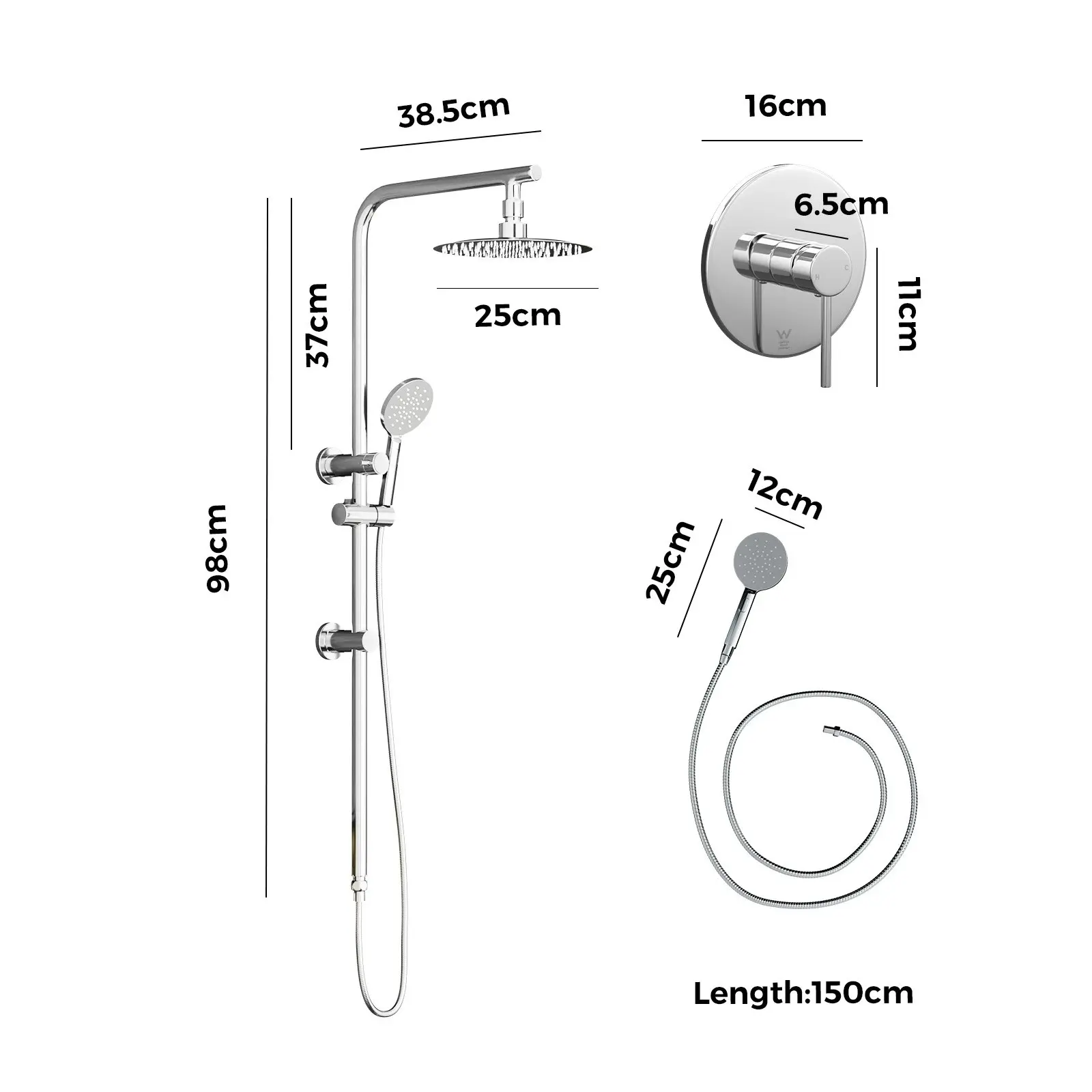 Welba 250mm Rain Shower Head Set Round Handheld With Shower Mixer Tap Chrome