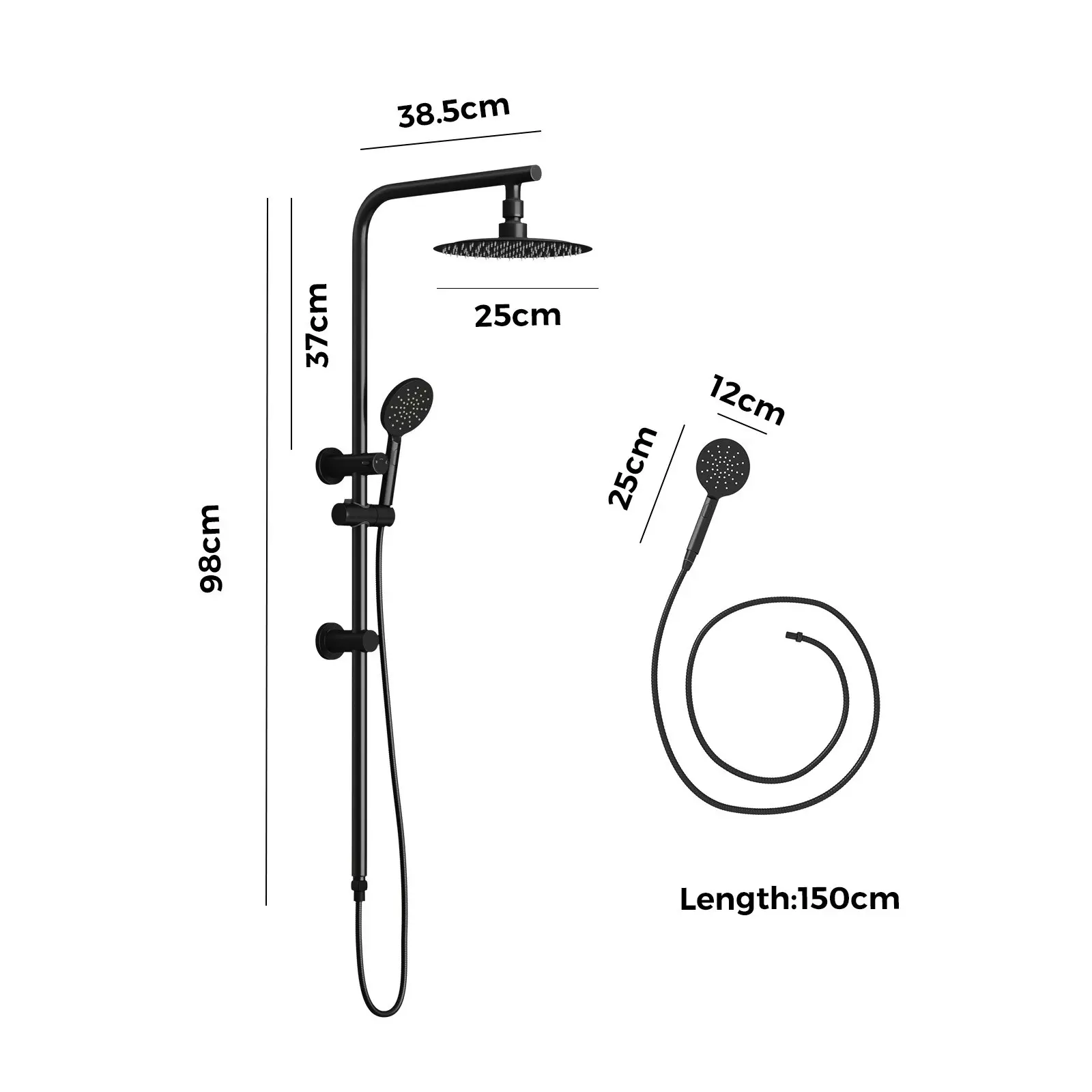 Welba 250mm Rain Shower Head Set Round 3-Mode Handheld Shower Rail Set Black