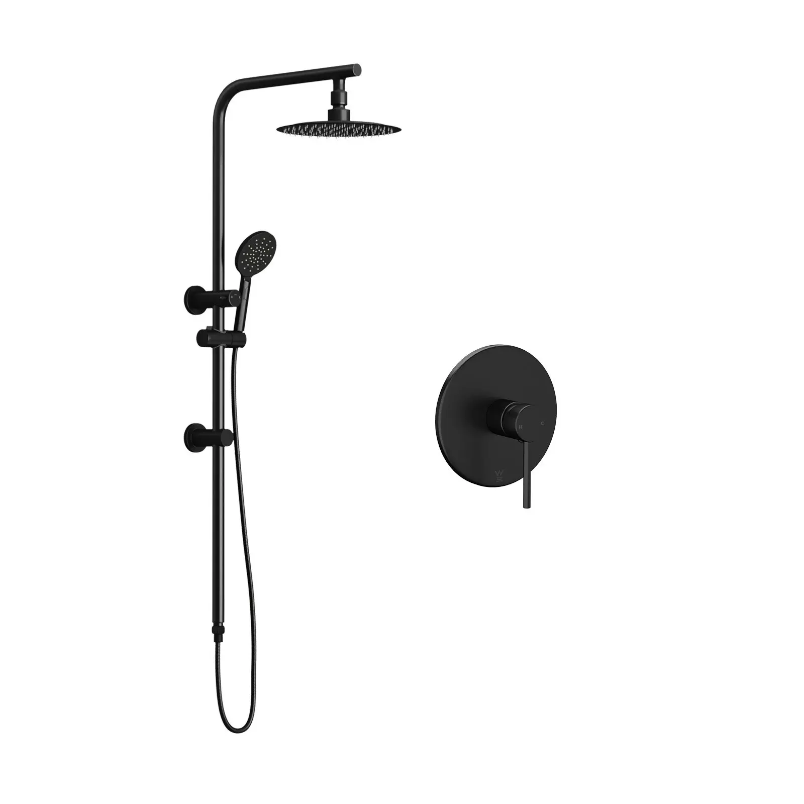 Welba 250mm Rain Shower Head Set Round Handheld With Shower Mixer Tap Black