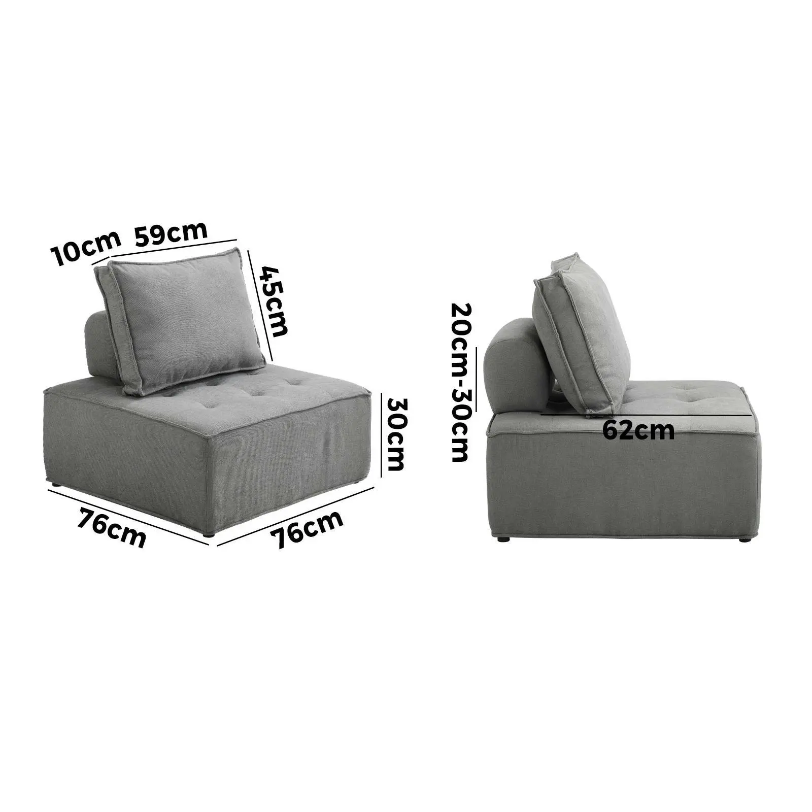 Oikiture 1PC Modular Sofa Lounge Chair Armless Adjustable Back Linen Grey