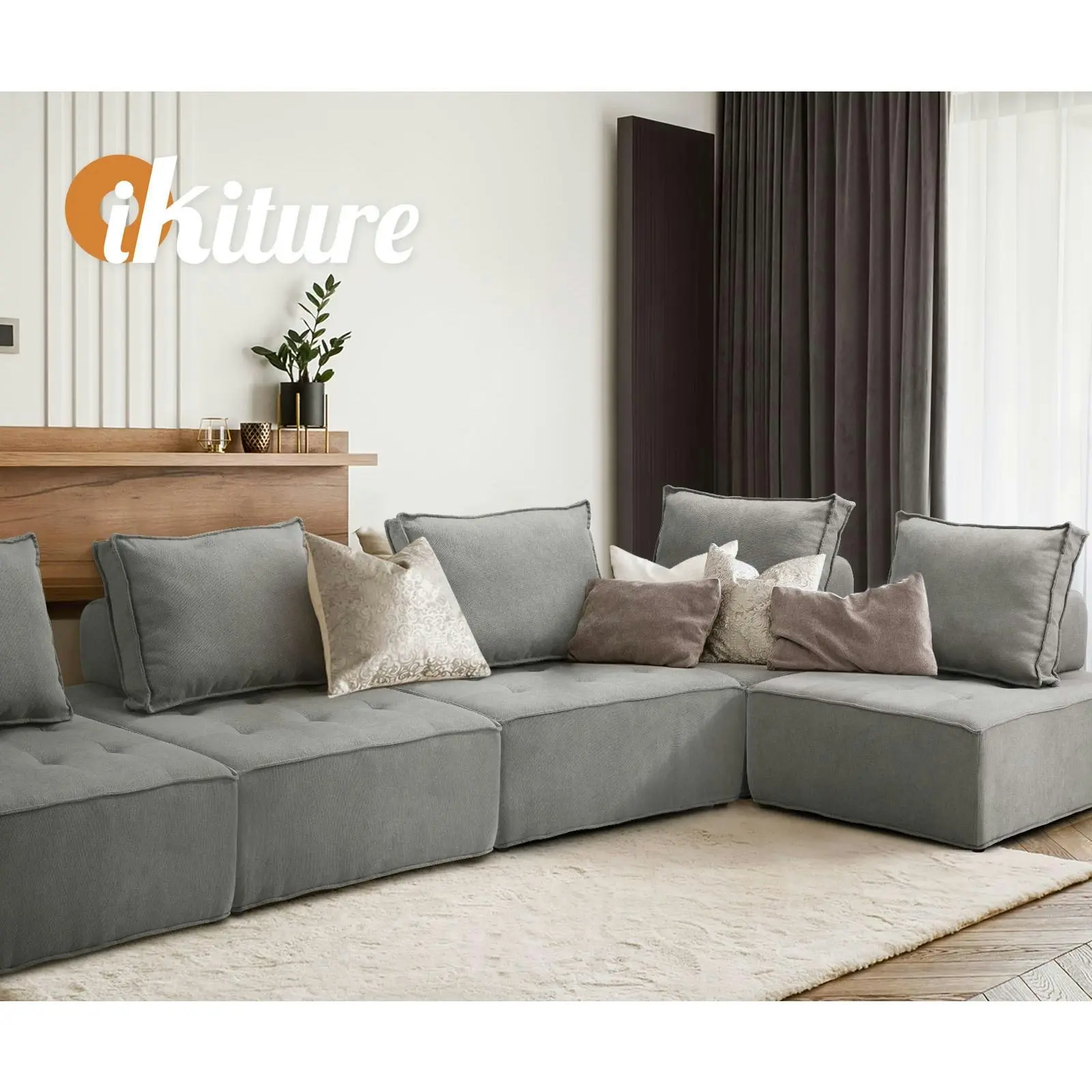 Oikiture 1PC Modular Sofa Lounge Chair Armless Adjustable Back Linen Grey