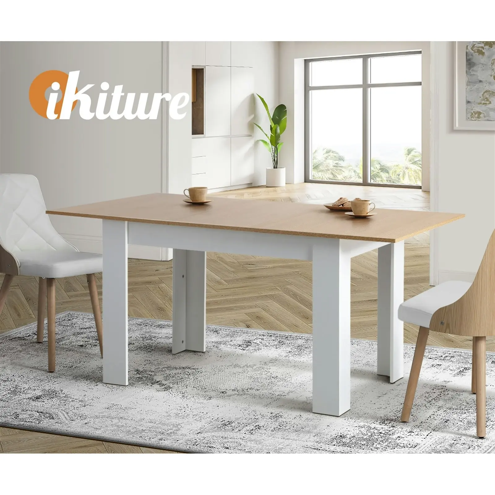 Oikiture 120-160cm Extendable Dining Table Kitchen Restaurant Cafe Table WoodenWhite