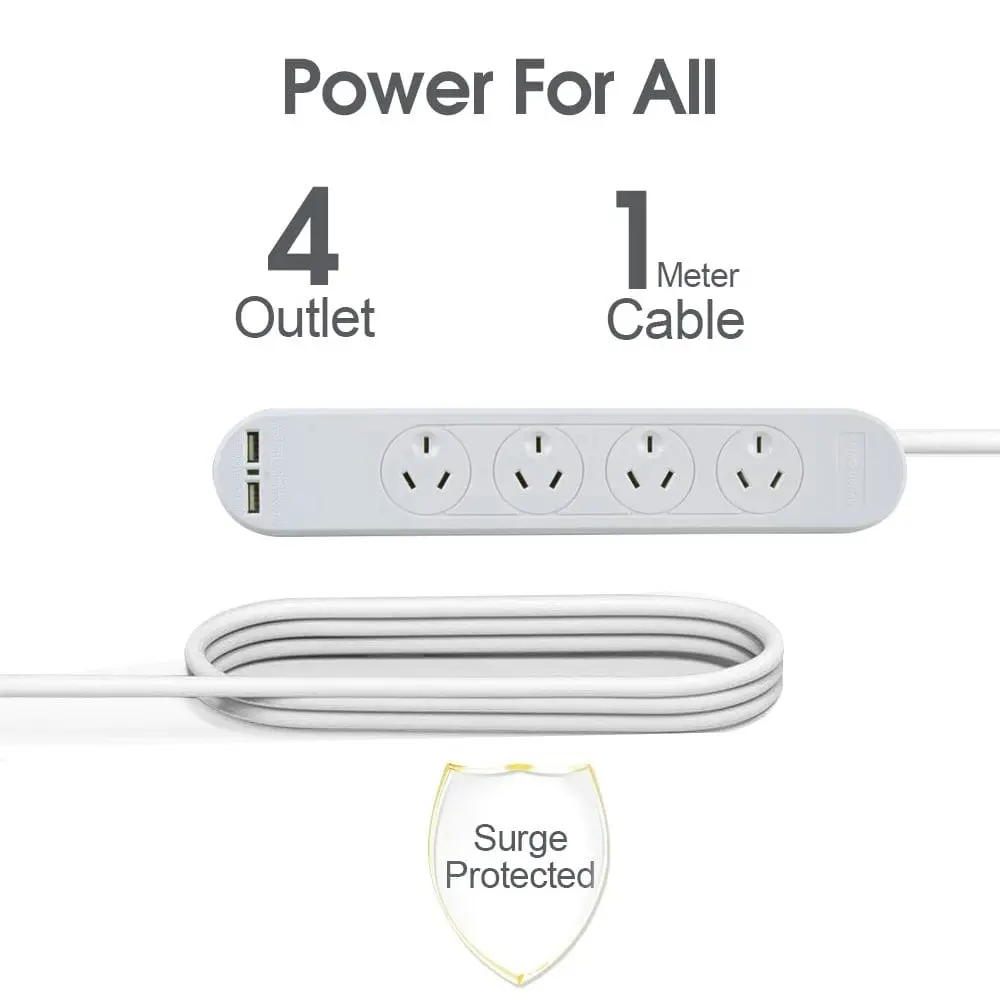 4 Outlet Powerboard With Surge Protection and Dual USB Charger