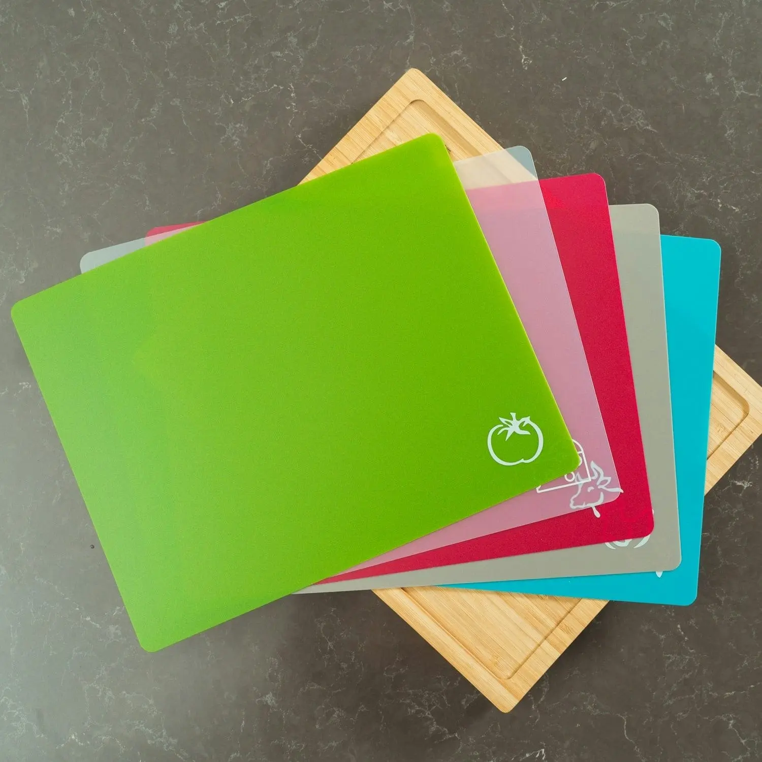 Bamboo Chopping Board with set of 5 Color-Coded Flexible Cutting Mats