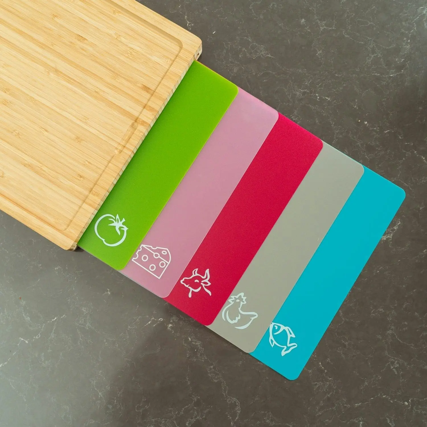 Bamboo Chopping Board with set of 5 Color-Coded Flexible Cutting Mats