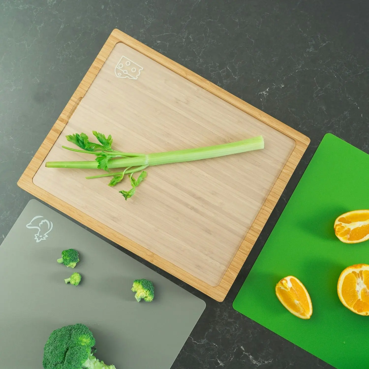 Bamboo Chopping Board with set of 5 Color-Coded Flexible Cutting Mats