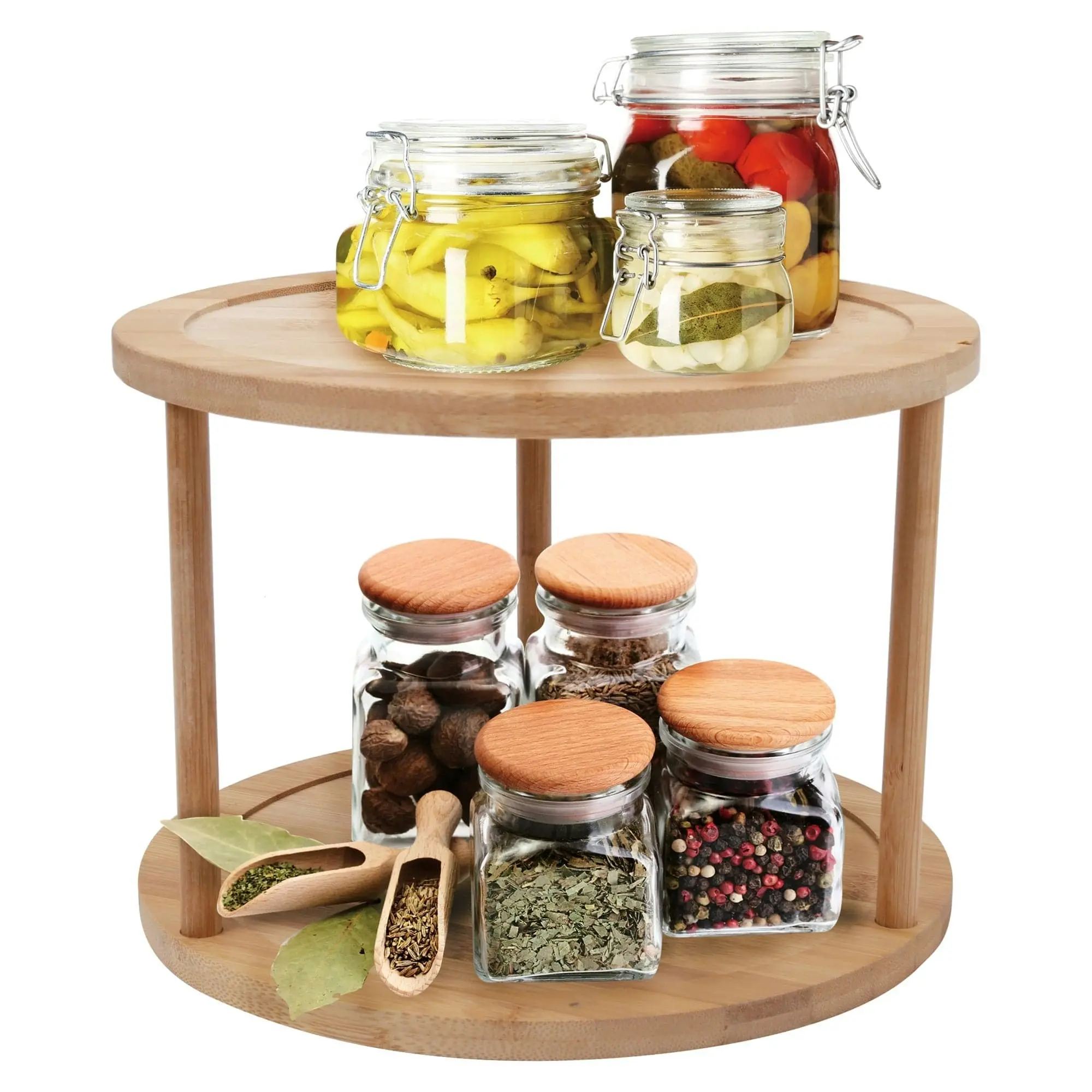 Lazy Susan 2 Tier Rotating Spice Rack Turnable Kitchen Shelf Bamboo Organiser