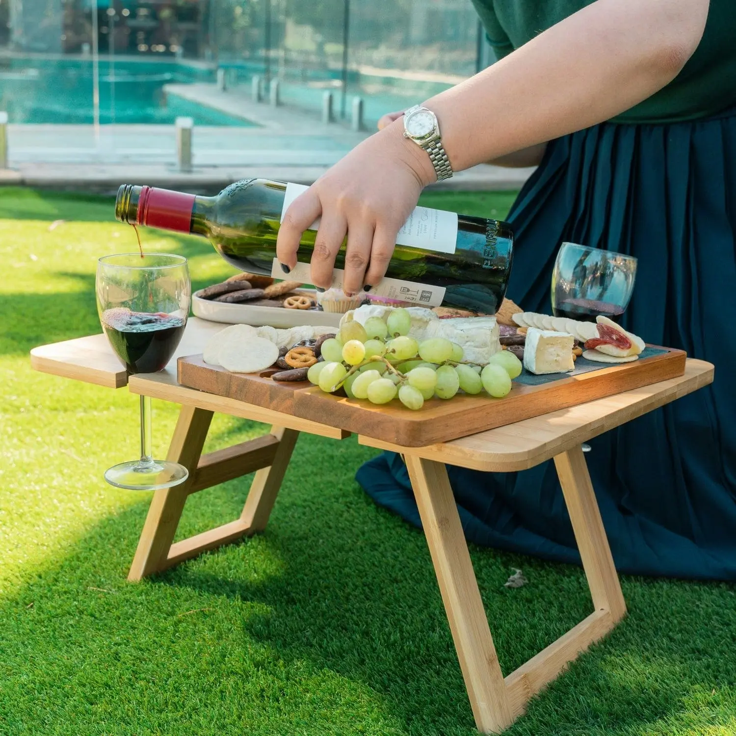 Bamboo Foldable Picnic Table Tray with Wine and Glass Holders