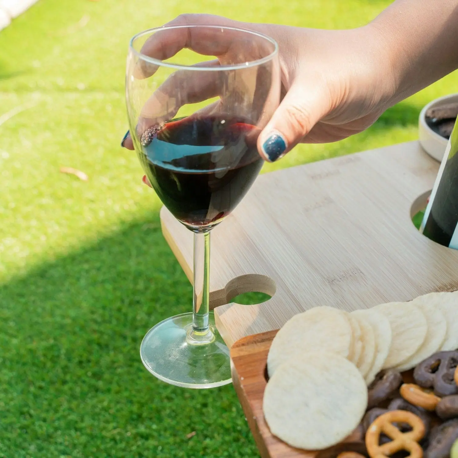 Bamboo Foldable Picnic Table Tray with Wine and Glass Holders