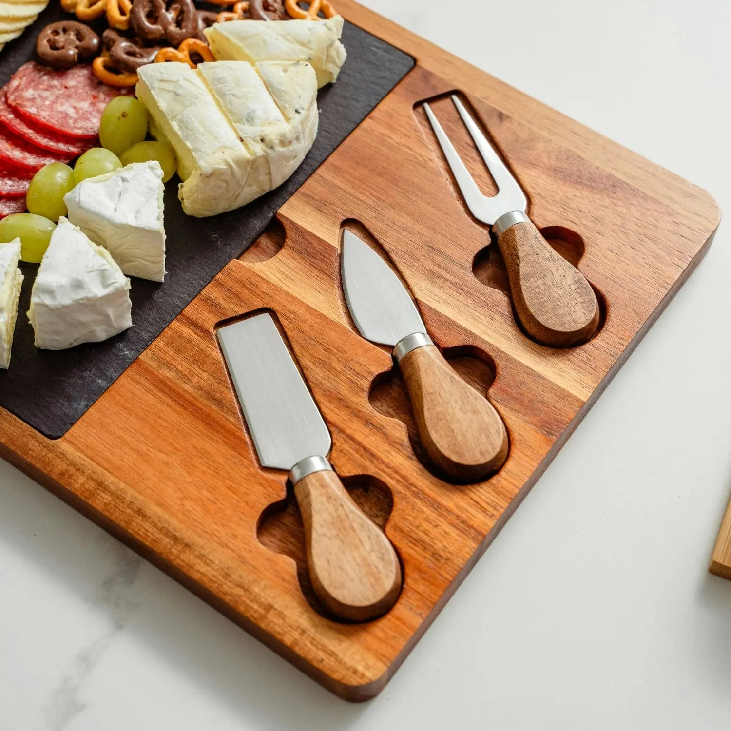 Clevinger 4 Piece Acacia Wood & Slate Cheese Board With Knife Set