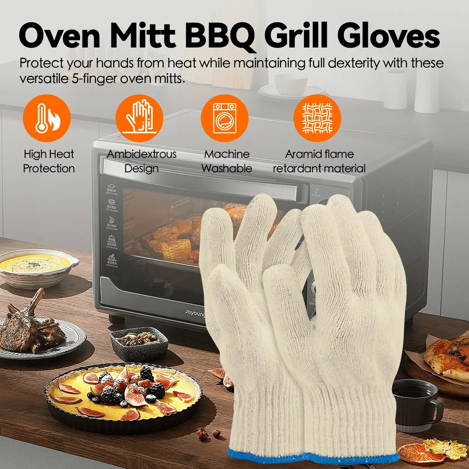 3 Pair 5 Finger Oven Mitt BBQ Grill Gloves