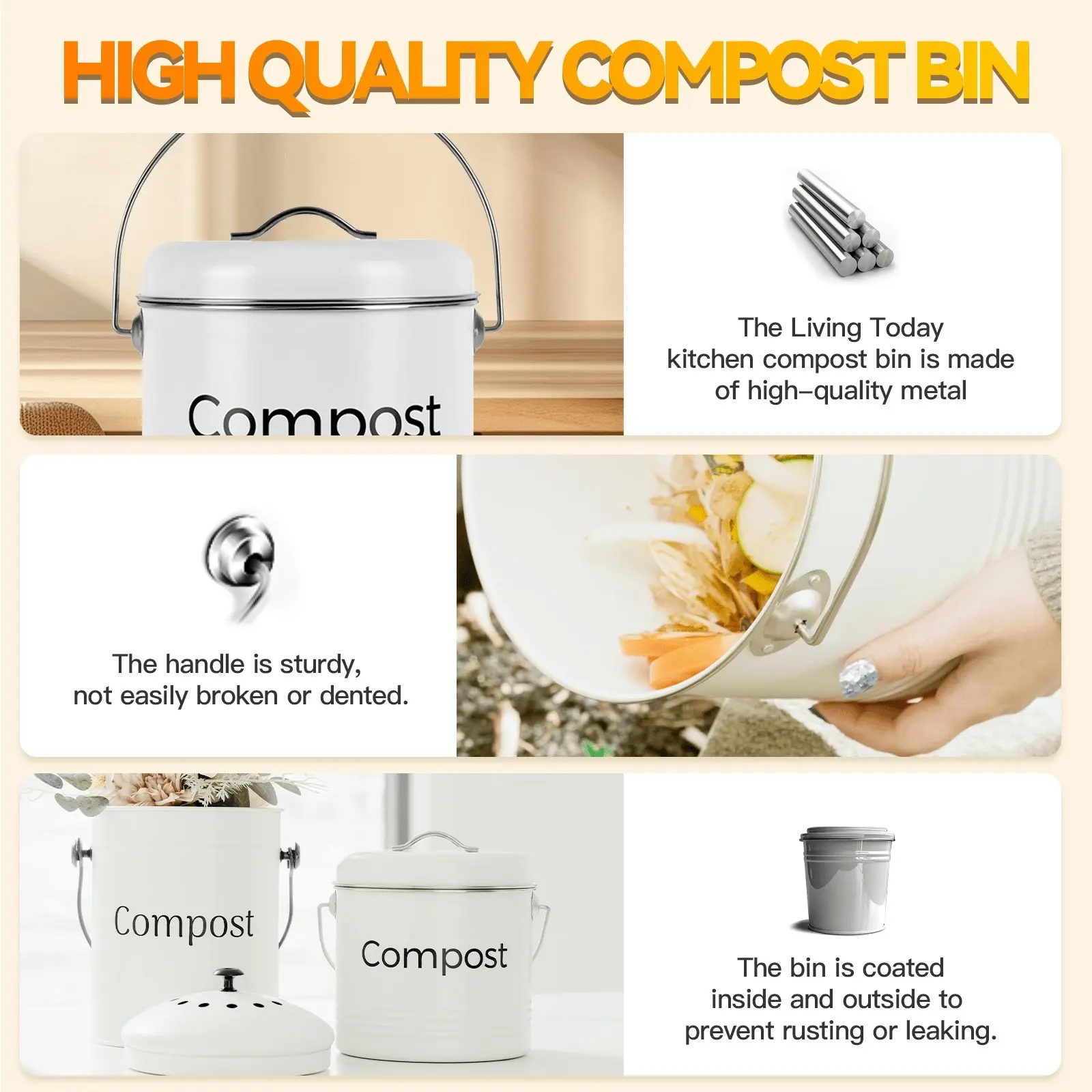 3.5L Kitchen Bench Compost Bin with Activated Carbon Filters