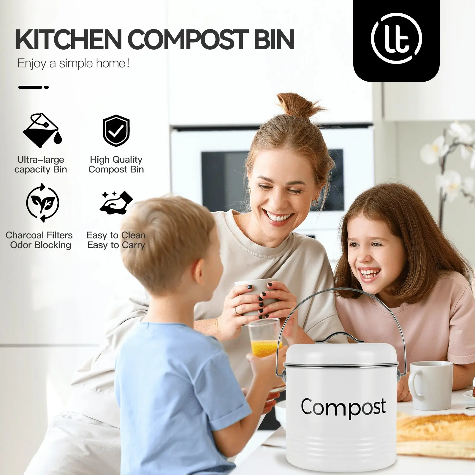 3.5L Kitchen Bench Compost Bin with Activated Carbon Filters