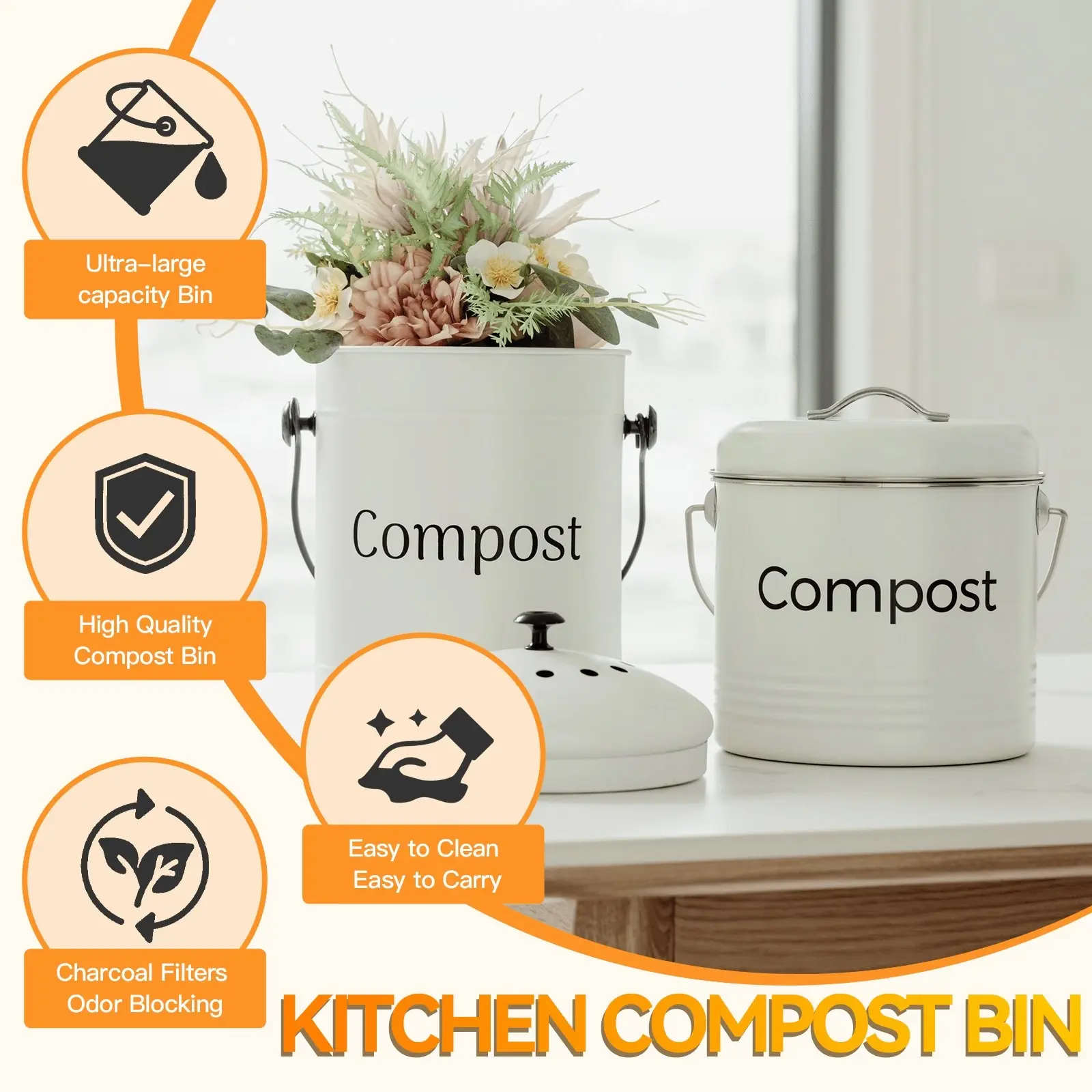 3.5L Kitchen Bench Compost Bin with Activated Carbon Filters