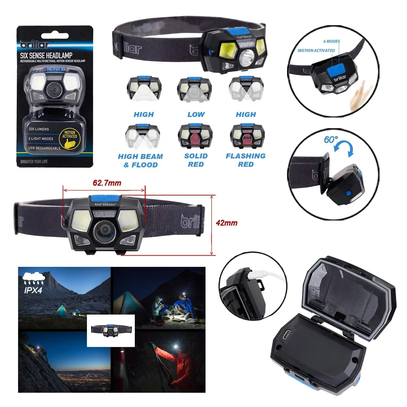 Brillar Sixth Sense - 200 Lumen 6 Mode Rechargeable Headlamp