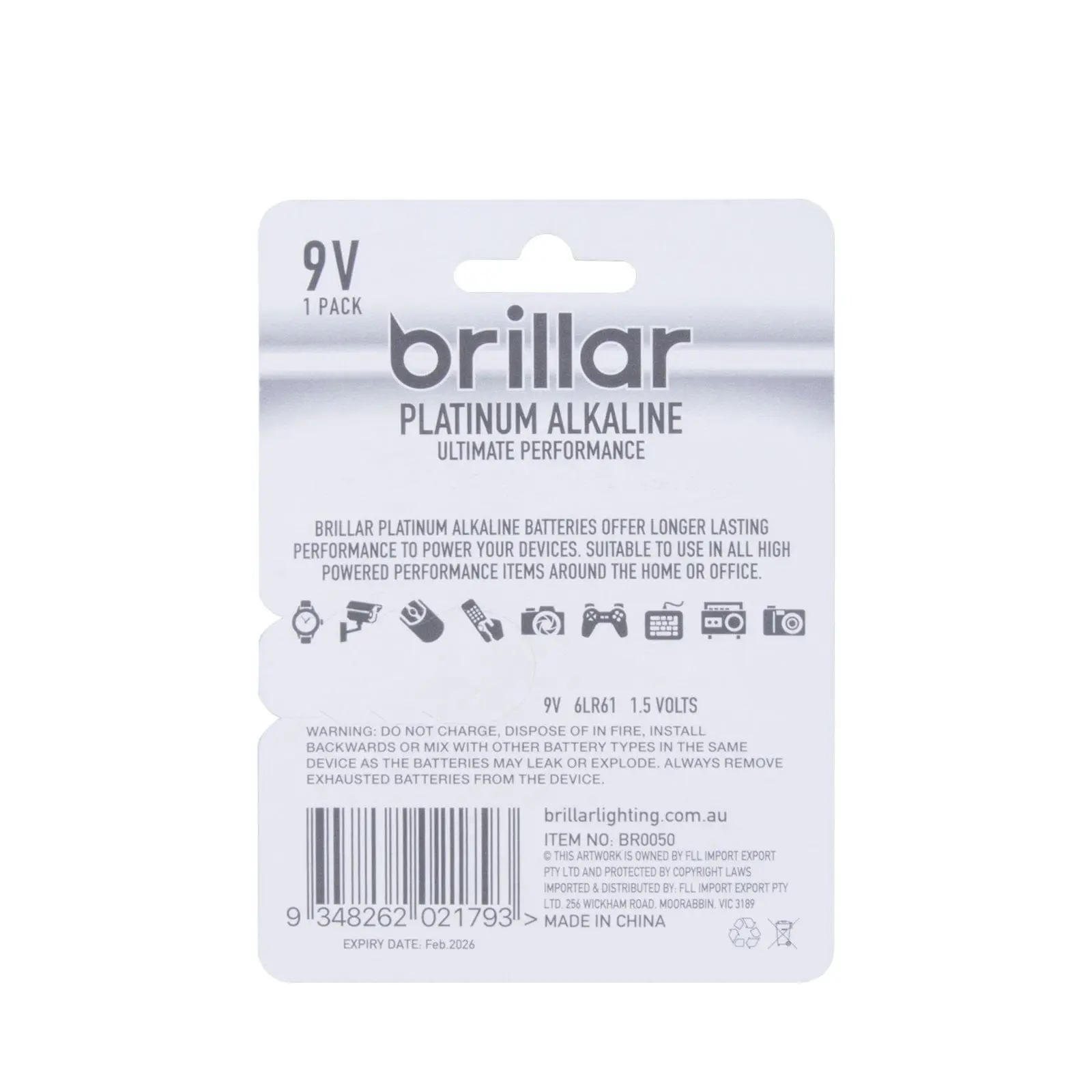 Brillar 9V Platinum Alkaline Battery 2 Pack